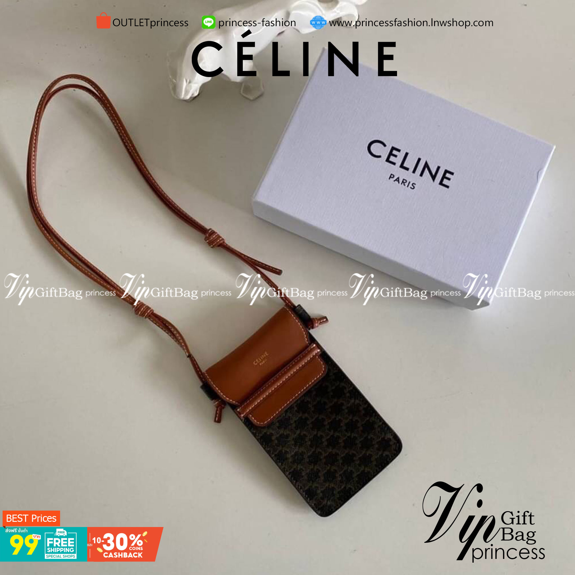 VIP 】พร้อมส่งที่ไทย!! CELINE Phone Pouch With Flap In Triomphe Canvas And Lambskin