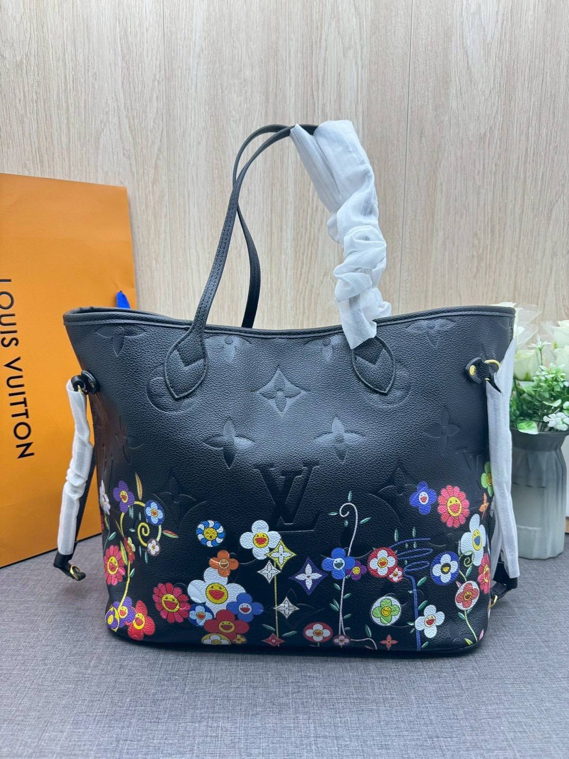 ORI หนังแท้ | LV x TM Neverfull MM Monogram Flower motifs colorful Black / LV Tote Bag กระเป๋าสะพายทรงโท้ทใบใหญ่ ลายดอกไม้หลากสีสดใส
