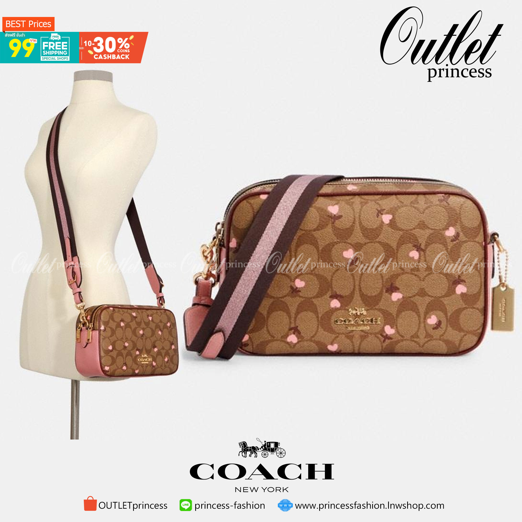 COACH C3239 JES CROSSBODY IN SIGNATURE CANVAS WITH HEART FLORAL PRINT กระเป๋าสะพายข้าง รุ่น 2 ซิป ใบใหญ่ ดีไซน์น่ารักมุ้งมิ้ง น่าใช้สุดๆ ทรงสวยใช้ง่ายได้ทุกโอกาส วัสดุแคนวาสเคลือบลาย เปิด-ปิดด้วยซิป 2 ช่องหลัก ใช้งานง่าย มาพร้อมสายสะพาย crossbody สีชมพูหว