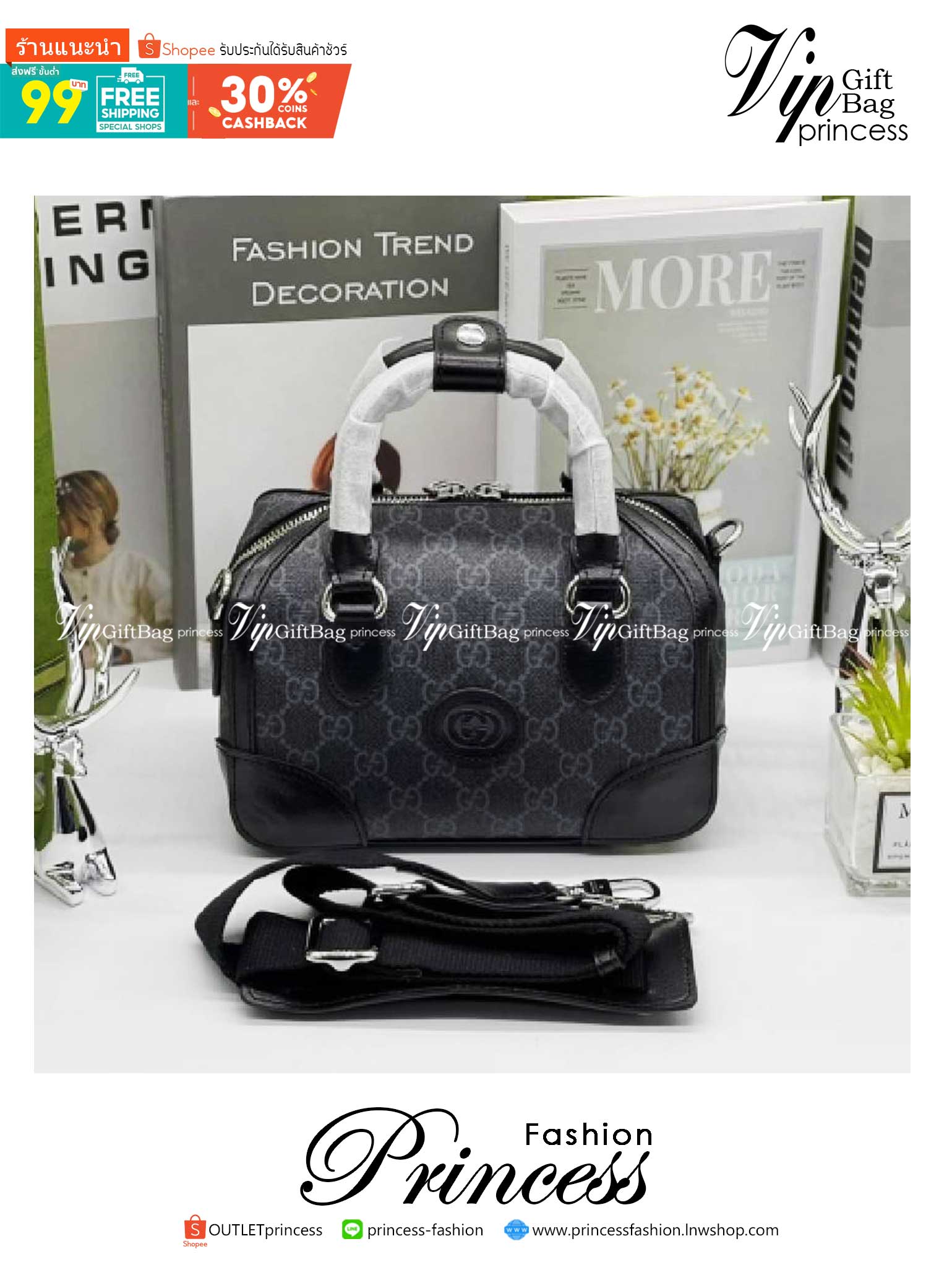 GUCCI Small duffle bag with Interlocking G เกรดออริจินอล กระเป๋าสะพาย กระเป๋าถือทรงหมอนสวยสีดำคลาสสิค วัสดุหนังแคนวาสอย่างดี ใบจริงสวยมาก! เปิด-ปิดกระเป๋าด้วยซิป หัวซิปตัว G อะไหล่สีทอง เลิศ!! ภายในโล่งกว้าง มาพร้อมสายสะพาย ปรับได้ ถอดออกได้ จะถือหรือสะพา