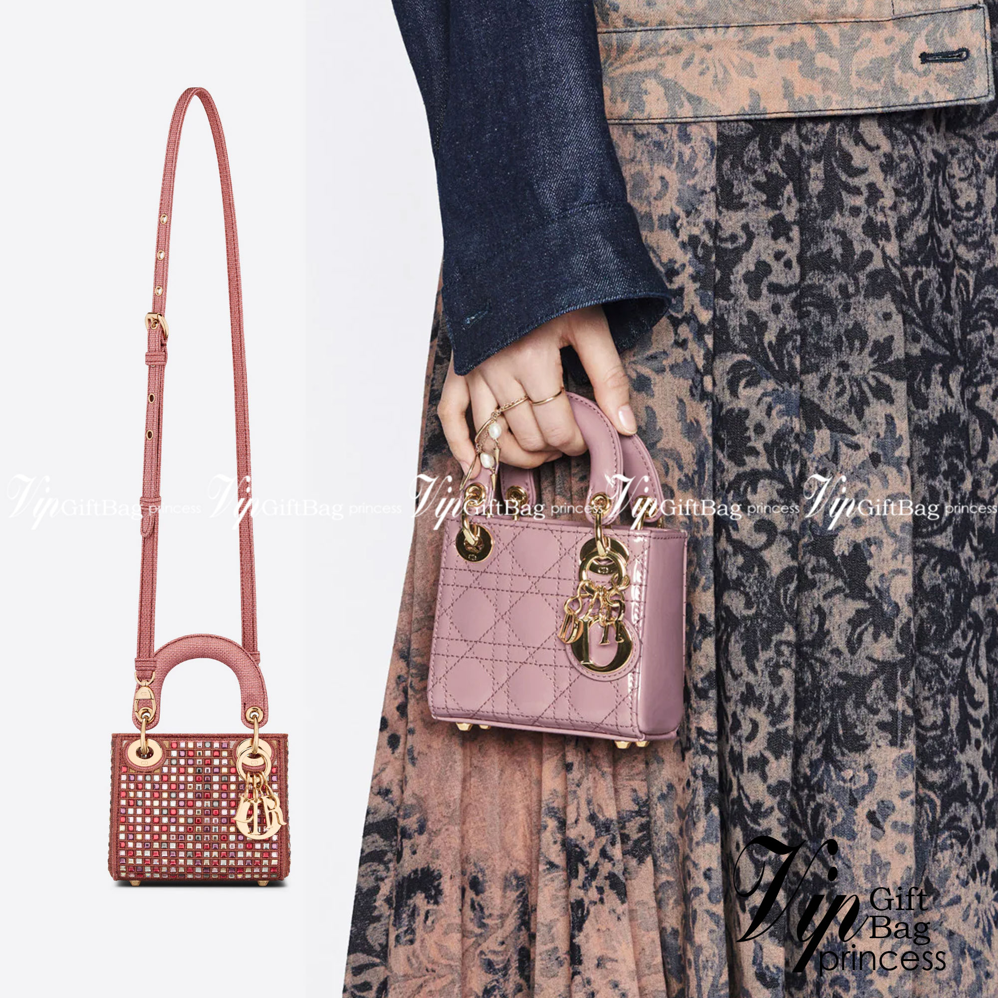 Micro Lady Dior Bag Dark Pink Metallic Canvas Embroidered with Multicolor Crystals เกรดใช้งานสลับใบจริงได้ เทพออริจินอล เป็นรุ่นสั่งทำพิเศษ ภาพสินค้าถ่ายจากงานขายจริงใช้งานต่างประเทศได้