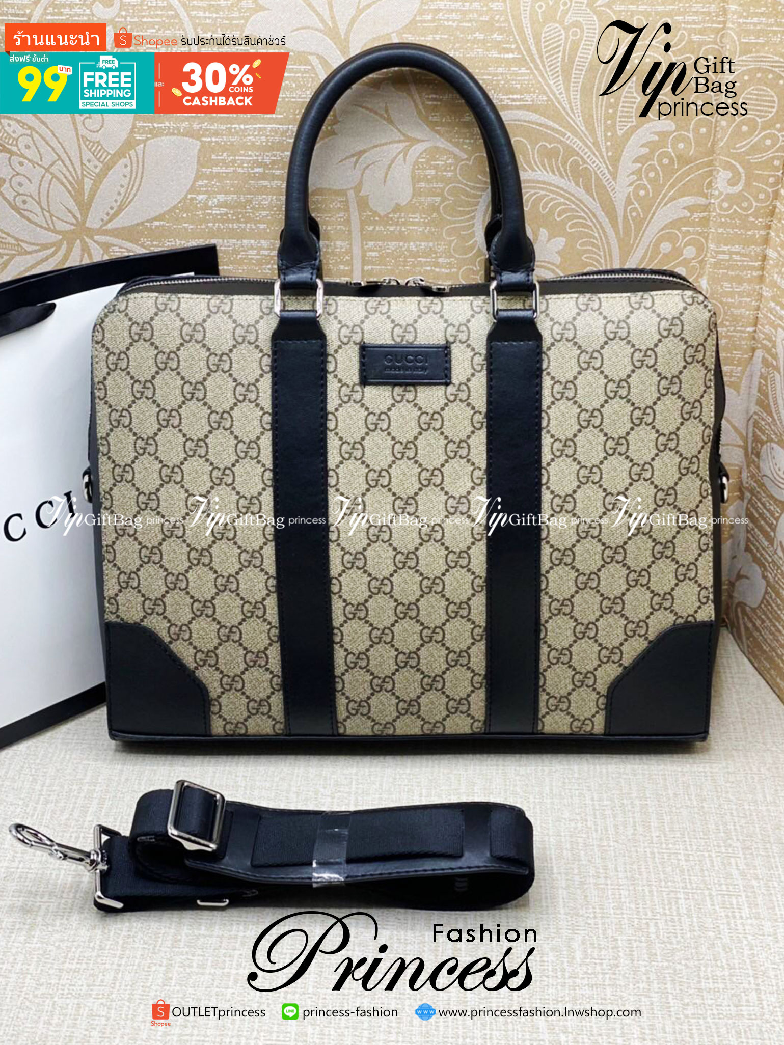 Gucci GG Supreme Briefcase พร้อมส่งที่ไทย ภาพสินค้าถ่ายจากงานจริง GG Supreme work bag with Web shoulder strap