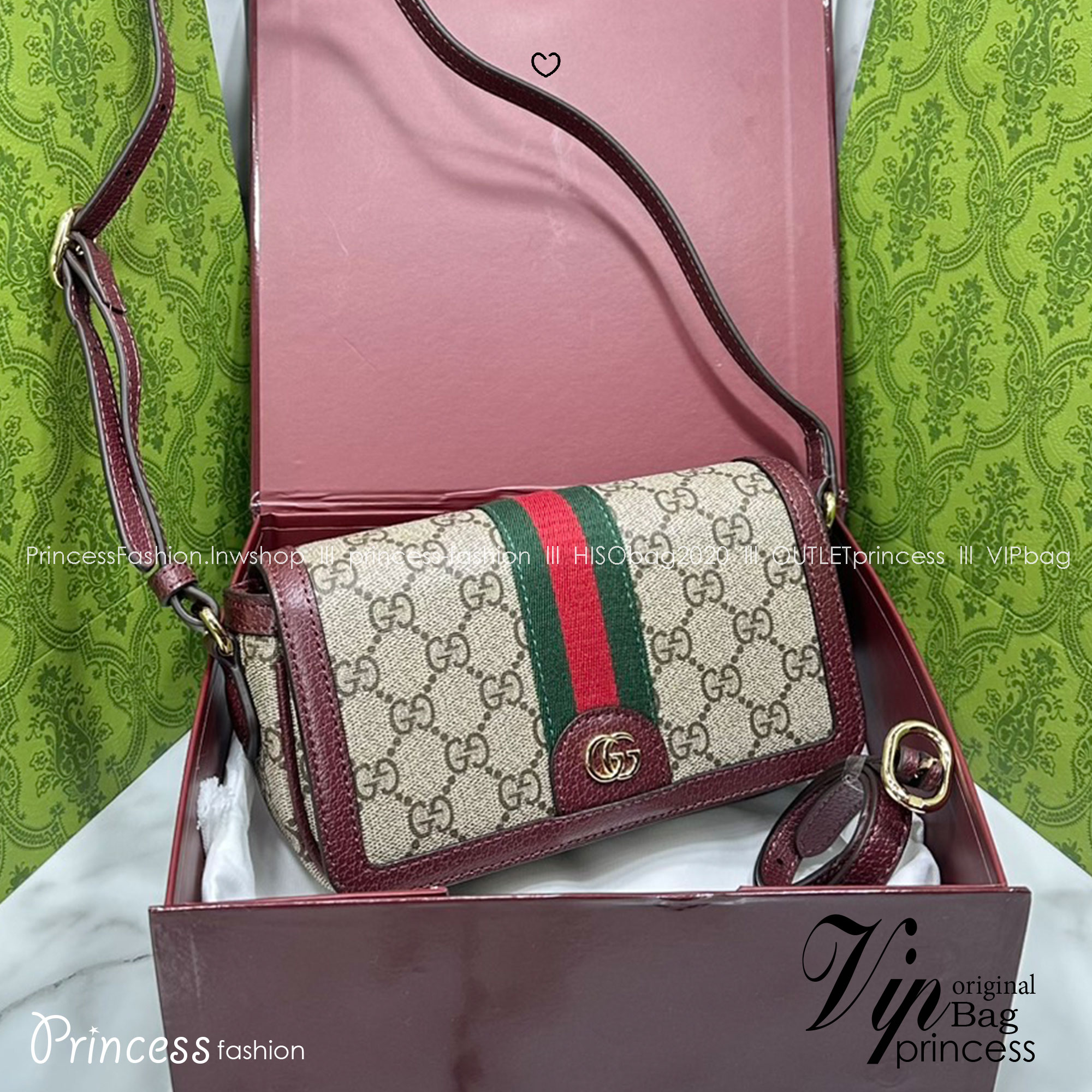 ORI หนังแท้ | Gucci Ophidia mini shoulder bag Monogram Double G / Gucci Crossbody Bag กระเป๋าสะพาย คอลเล็กชั่น Ophidia มอบชีวิตชีวาให้กับมรดกของแบรนด์ด้วยแถบ Web