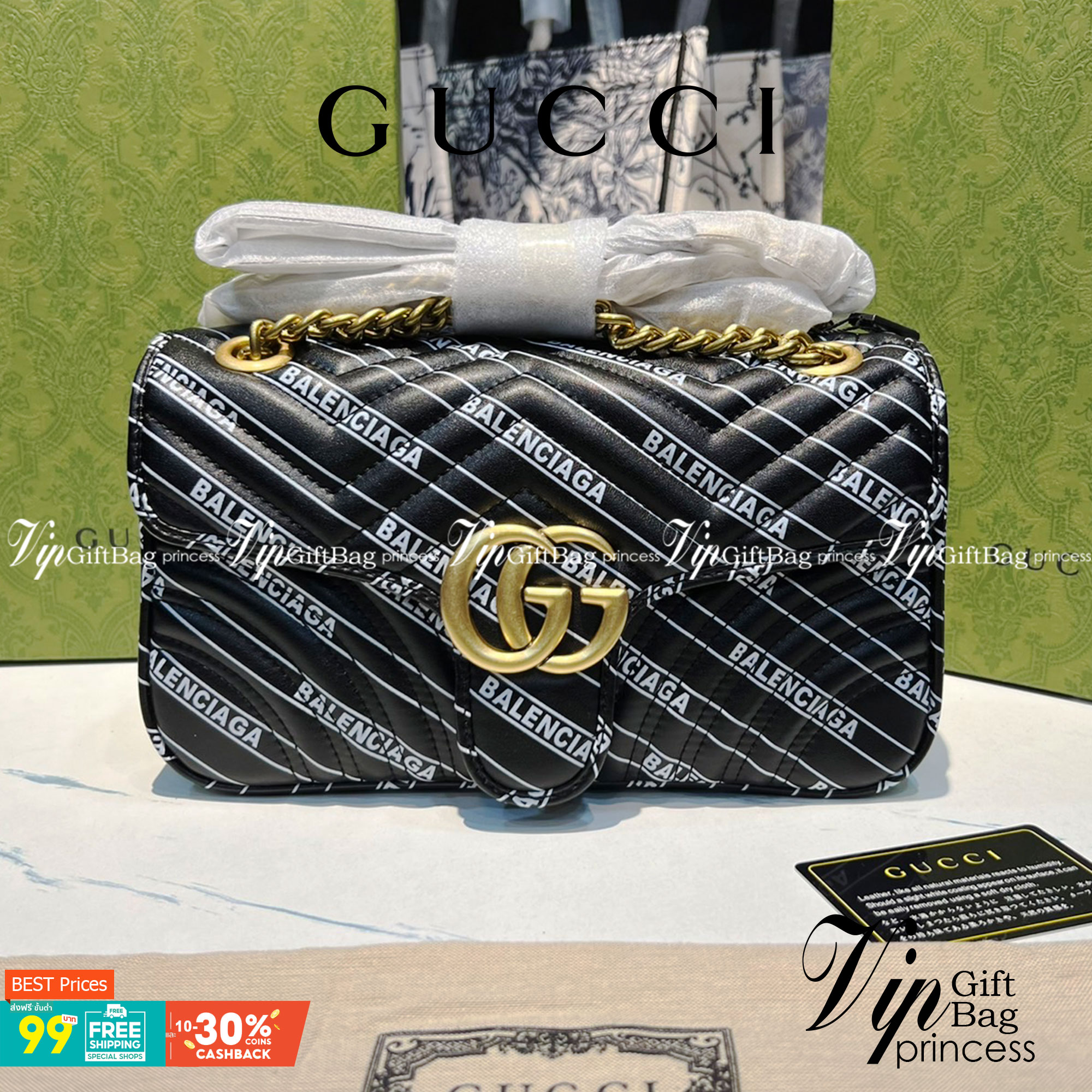 หนังแท้ GUCCI The Hacker Project small GG Marmont bag Balenciaga print leather คอลเลคชั่นผสมผสานเอกลักษณ์ความหรูของ 2 แบรนด์ดัง ที่ยอดขายดีตั้งแต่วันแรกที่ลง shop ด้วยรูปทรงที่กะทัดรัด ตอบโจทย์ได้ทุกลุค ทุกไลฟ์สไตล์ ใช้งานได้ง่ายคล่องตัว เรียกได้ว่าใครไม่