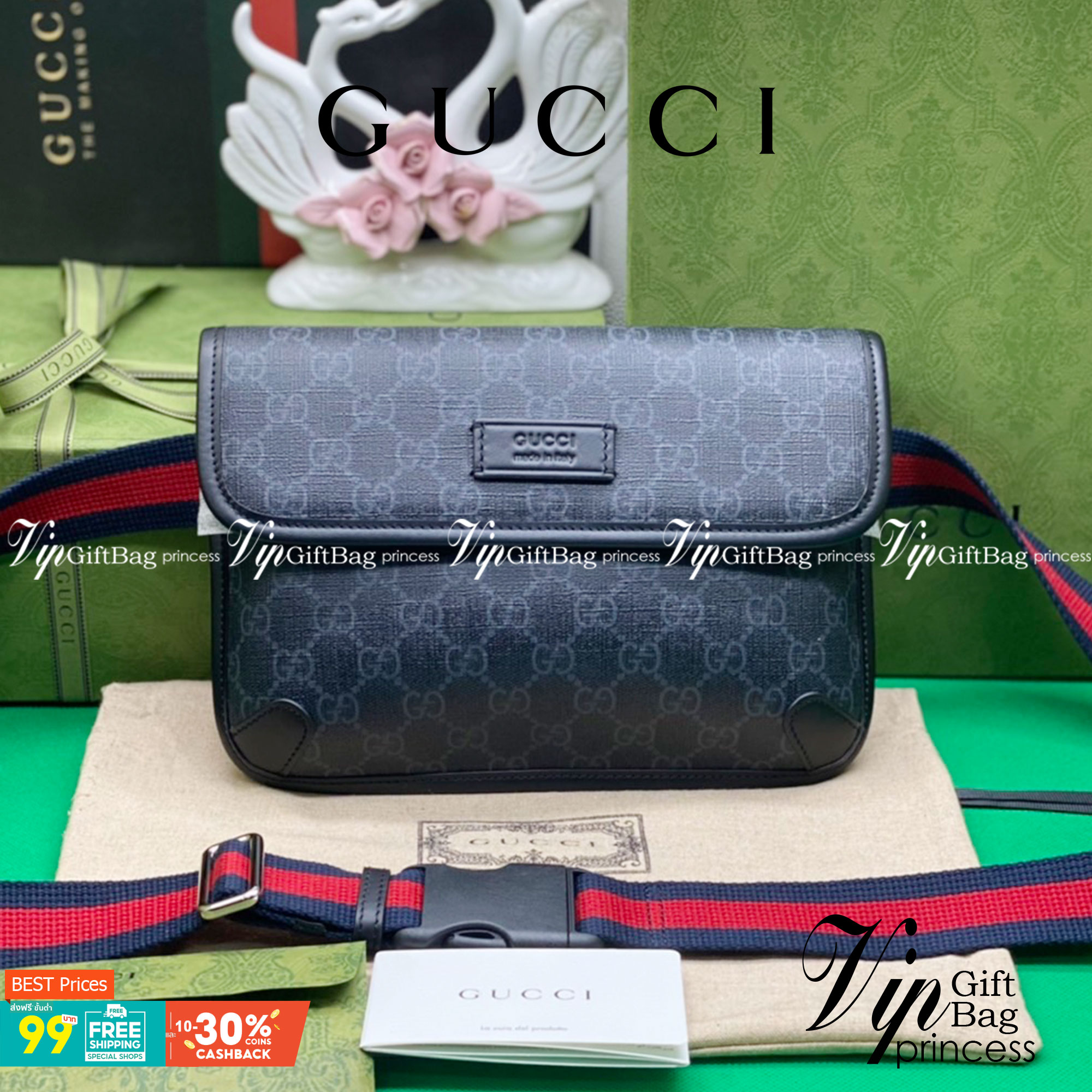 หนังแท้ GUCCI GG Black belt bag พร้อมส่งที่ไทย