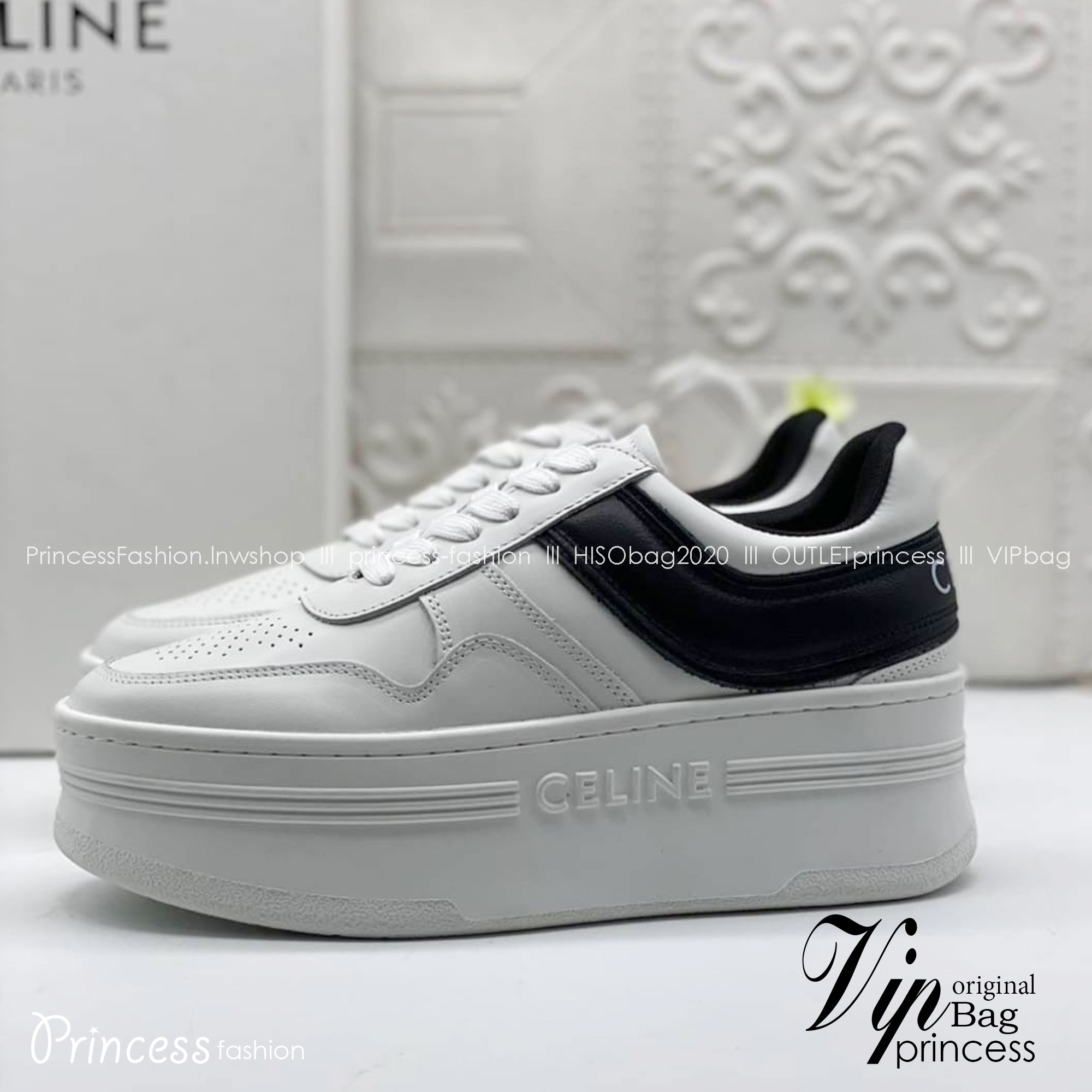 CELINE SNEAKERS / CELINE BLOCK SNEAKERS WITH WEDGE OUTSOLE IN CALFSKIN เกรดออริ สลับแท้ (พร้อมส่งที่ไทย) ใช้งานต่างประเทศได้ หนังสวยลายพิมพ์คมชัด ภาพถ่ายจากงานจริง