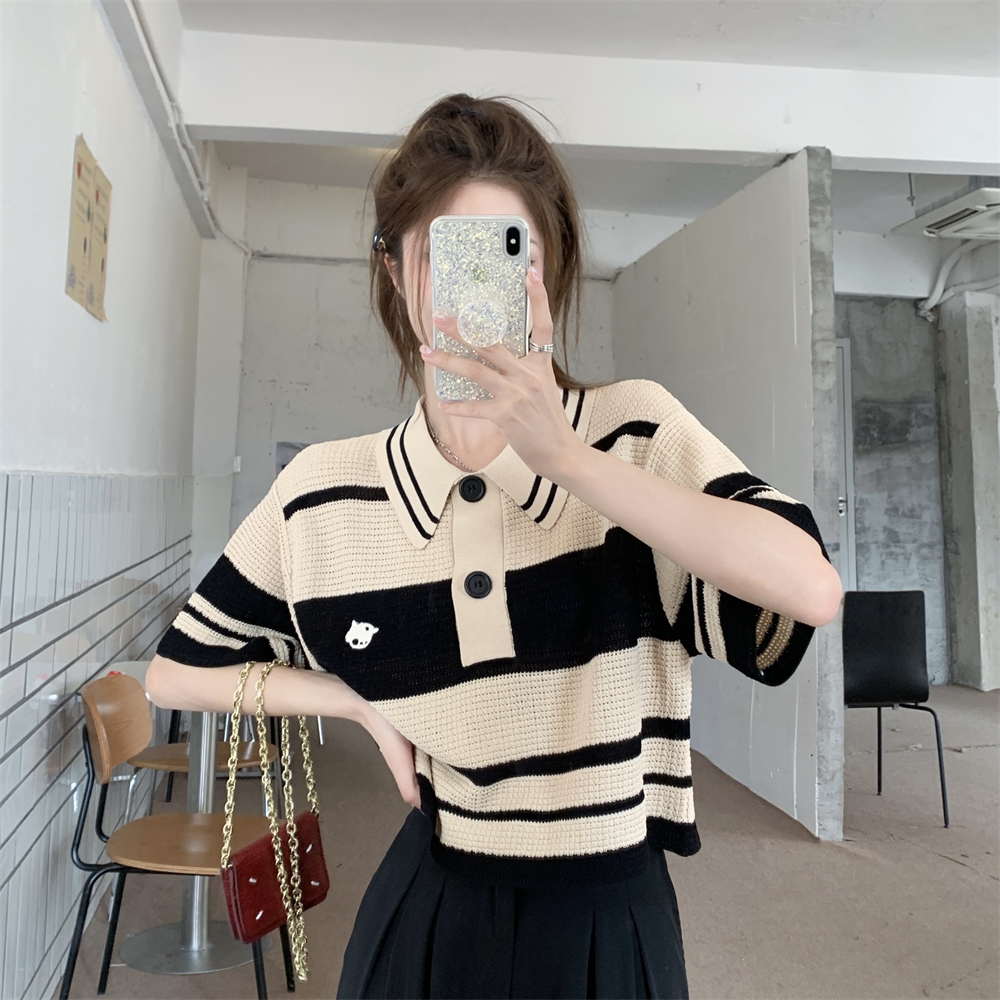 พร้อมส่ง - Oreo Knit Polo เสื้อโปโลถักลายทาง (IN37497)