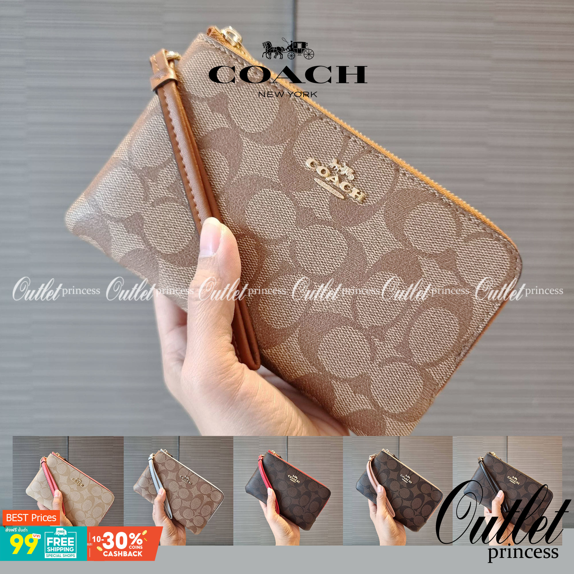 COACH F87591 DOUBLE CORNER ZIP WALLET IN SIGNATURE COATED CANVAS คล้องมือรุ่น 2 ซิป!! มาแล้วจ้า 🌟🤗 ไซส์นี้คือเหมาะมือจริงๆ พกง่ายเช่นเคย ไม่ต้องกังวลว่าจะเกะกะหรือกินพื้นที่กระเป๋าหลัก วัสดุหนังแคนวาสเคลือบลาย มีช่องหลักแยก 2 ช่อง ภายในบุผ