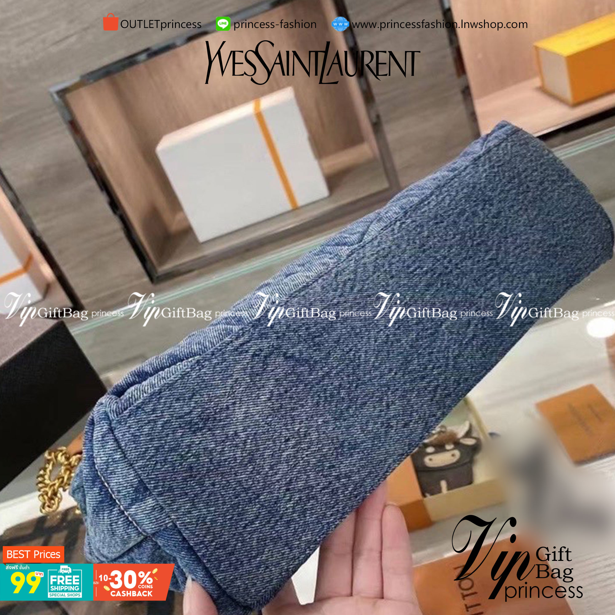 VIP 】YSL SAINT LAURENT Loulou Danim Shoulder Bagblue bag กระเป๋าสะพายผ้ายีนส์เดนิมควิลท์ อะไหล่ทอง สีตัดกันสวยมากค่ะ