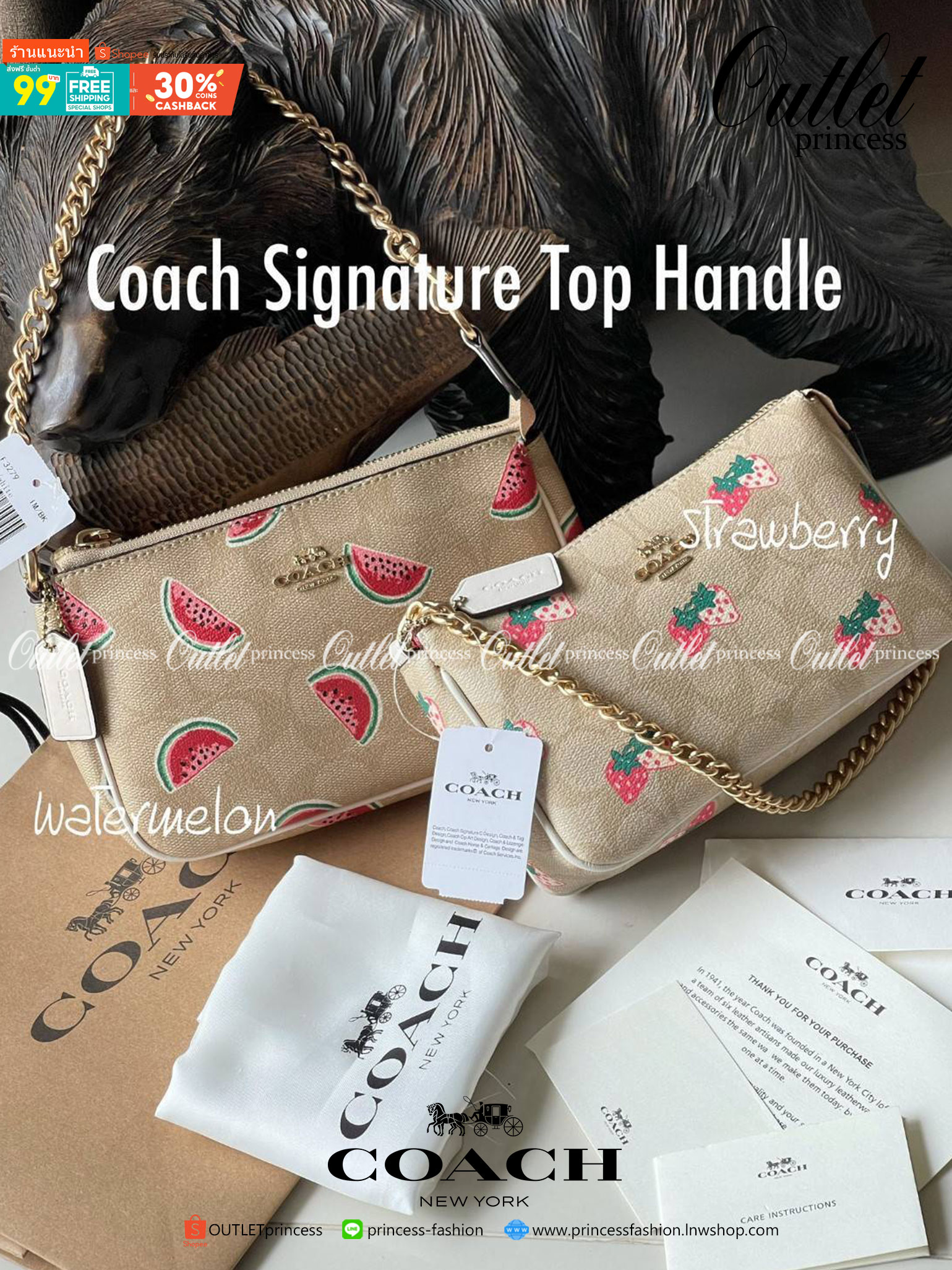 OUTLET 】Coach Signature Top Handle Coach Pouch with Strawberry, Watermelon, Ladybug พร้อมส่งที่ไทย เป็นอีกรุ่นหนึ่งที่ได้รับความนิยมในหมู่สาว ๆ ค่ะ นอกจากราคาจะไม่สูงแล้ว ยังมีรูปทรงที่น่าสนใจอีกด้วย กะทัดรัดแต่ใช้งานง่าย เหมาะกับทุกโอกาส สำหรับกระเป๋าคล้