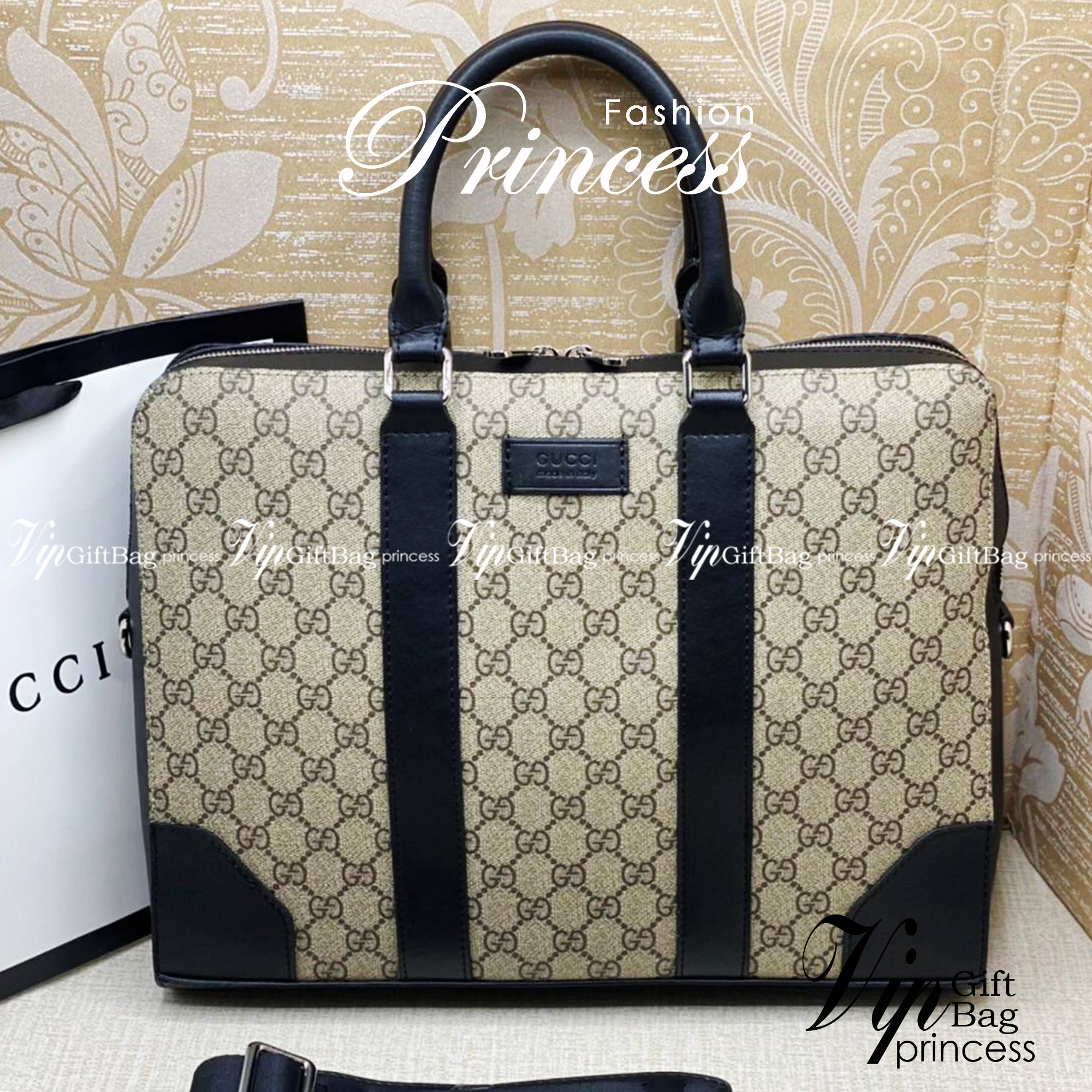Gucci GG Supreme Briefcase พร้อมส่งที่ไทย ภาพสินค้าถ่ายจากงานจริง GG Supreme work bag with Web shoulder strap