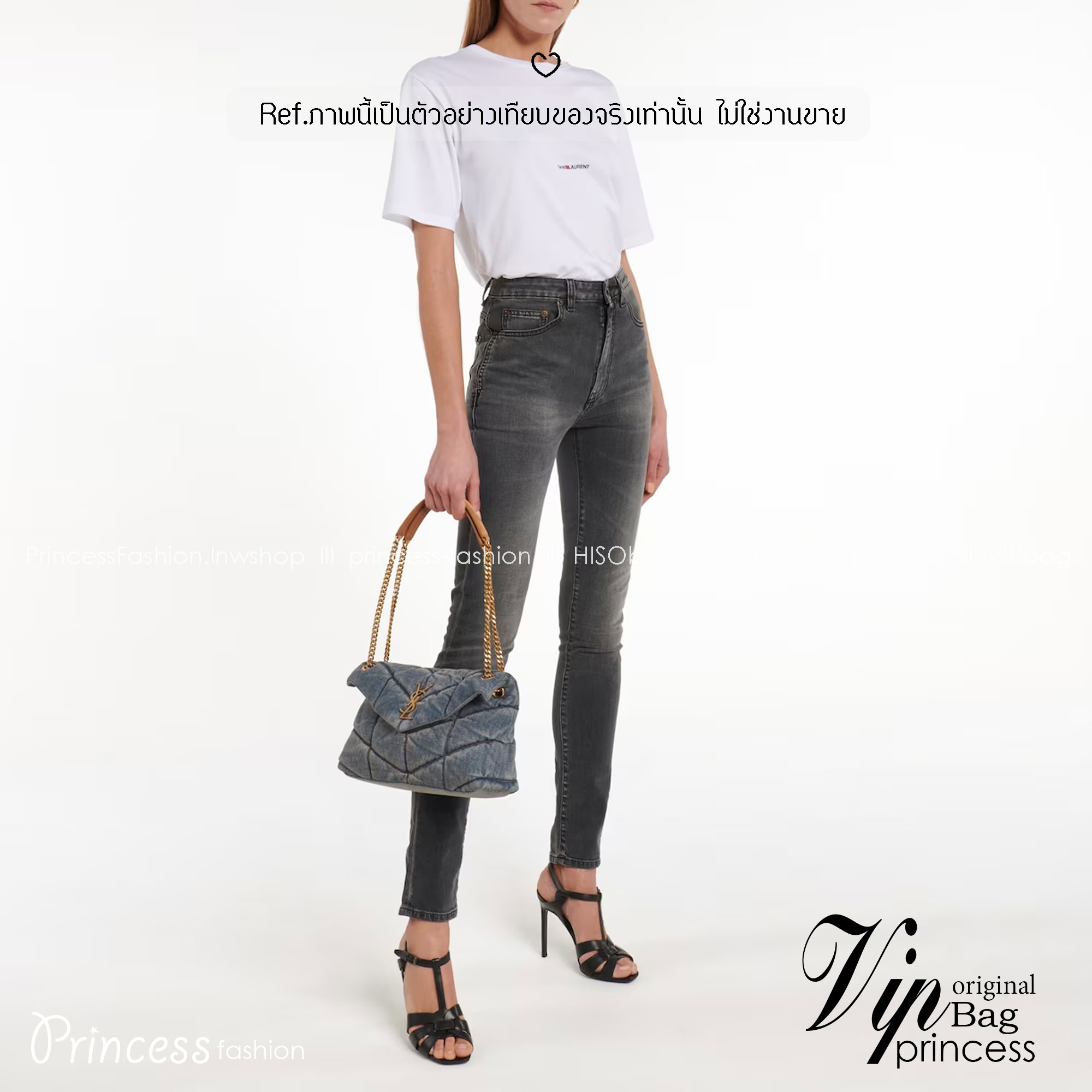 YSL PUFFER SMALL in suede and denim / YSL Loulou Denim Shoulder bag กระเป๋าสะพายเดนิมเย็บลายเชฟรอนควิลท์ เกรดออริ 1:1