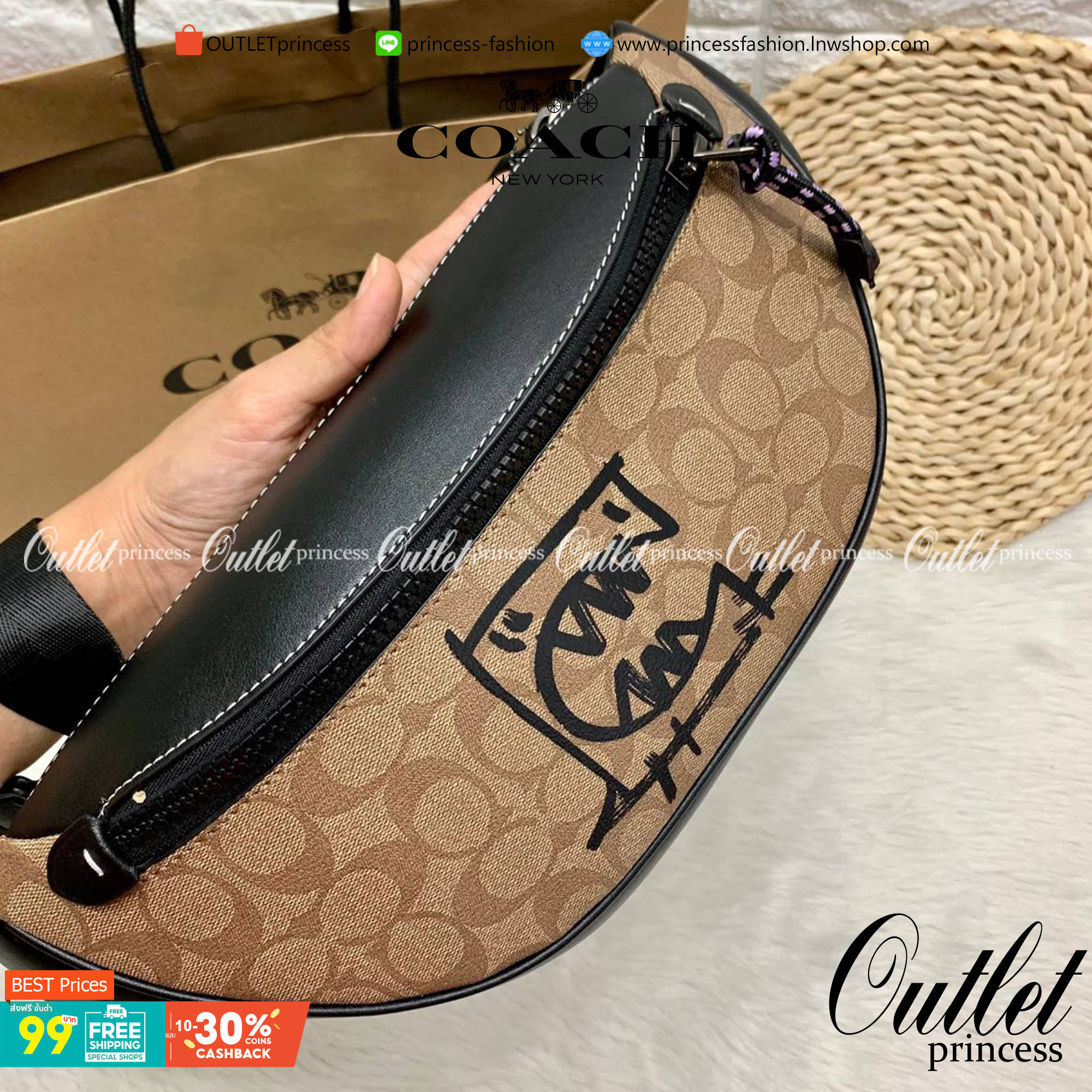 OUTTLET 】COACH Rivington Belt Bag In Signature Canvas With Rexy By Guang Yu (75761) กระเป๋าคาดอก หนังแท้เรียบ นิ่มสวย ด้านหน้าเด่นด้วยลายปริ้นท์เก๋เท่ มากๆค่ะ มีช่องซิปหลักให้2ช่องใส่ของได้จุเลยนะคะ สายคาดเลื่อนปรับแบบฟรีไซด์ค่ะ 📌ใบจริงสวย สะพายวั