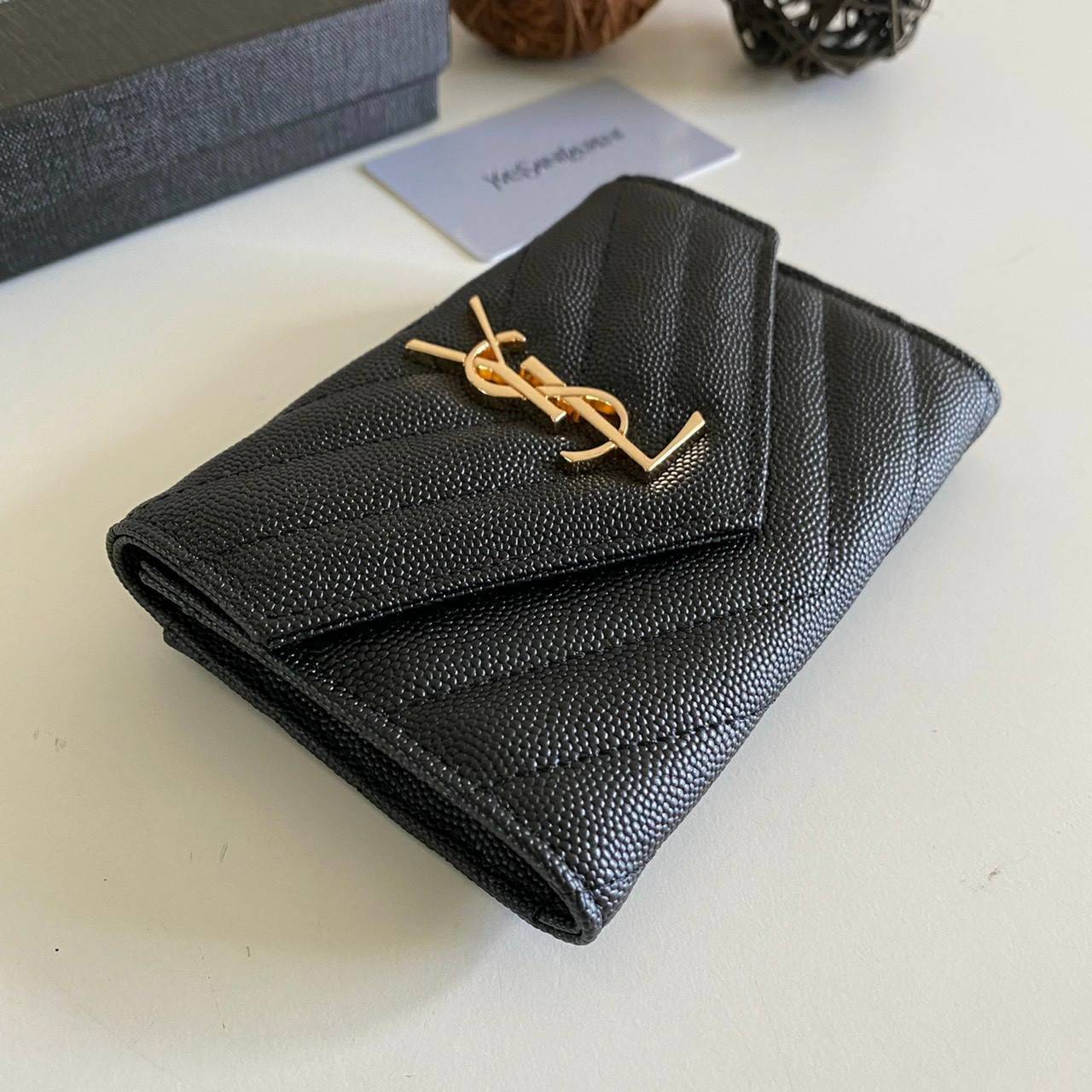 หนังแท้ 12cm YSL SAINT LAURENT GARD HOLDER Small Envelope Monogram Wallet