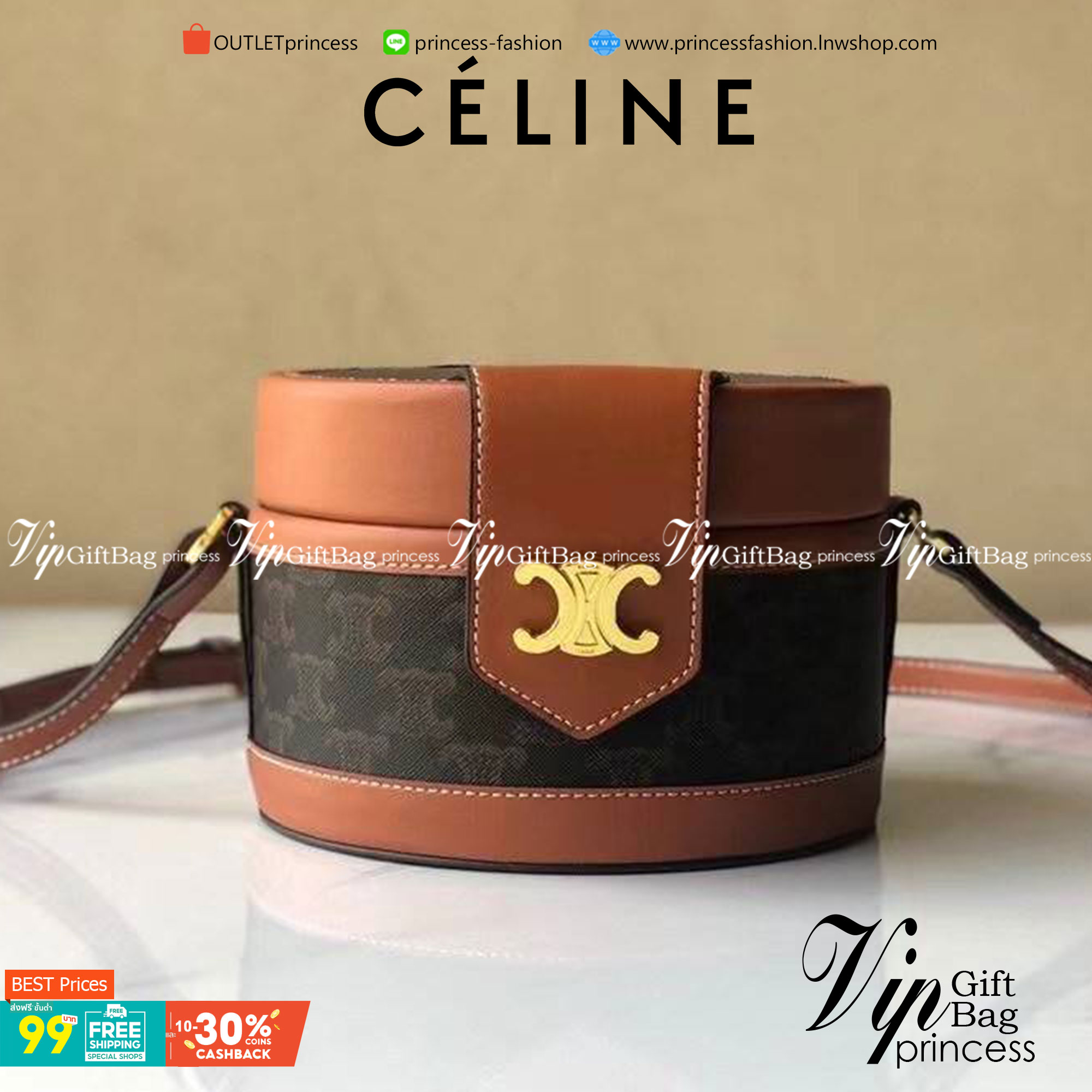 CELINE MEDIUM TAMBOUR IN SMOOTH CALFSKIN BAG กระเป๋าทรงกลมสวยหรูอยู่ทรงเปิดปิดด้วยฝาปิดกระดุมโลโก้แบรนด์ ภายในโล่ง
