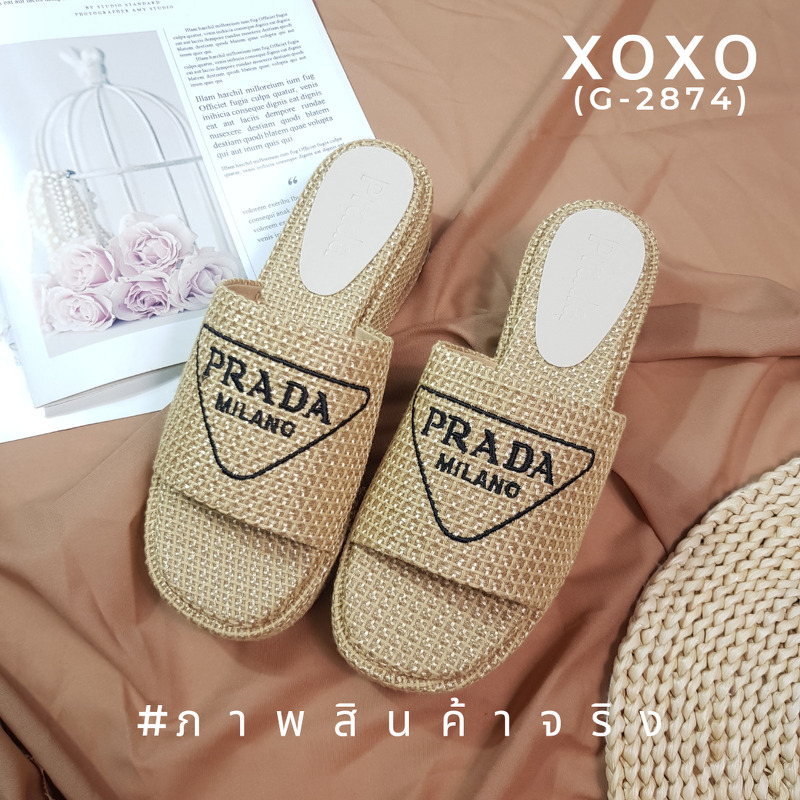 PRADA Shoes รองเท้างานสวม วัสดุผ้าลายกระสอบ ทรงเตารีด ส้นเสมอ น้ำหนักเบา ใส่สบาย ไม่เขย่ง เข้าทรงรูปเท้า