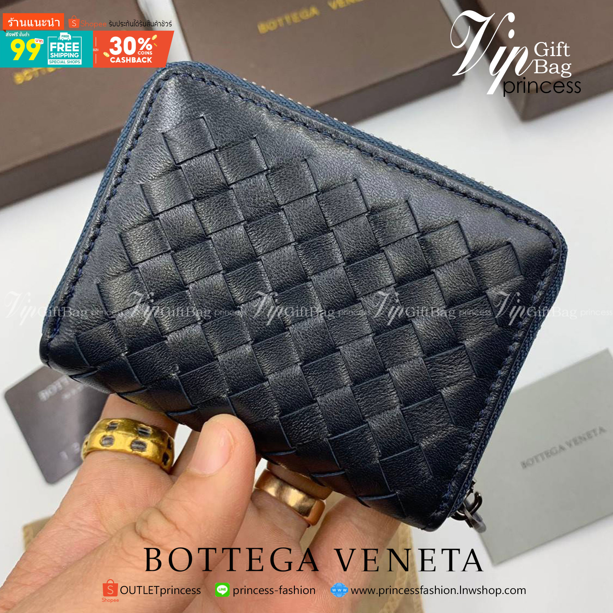 พรีเมี่ยมกิ๊ฟแท้ 100% 】หนังแท้ Bottega Veneta Intrecciato Nappa Short Zip Around Wallet