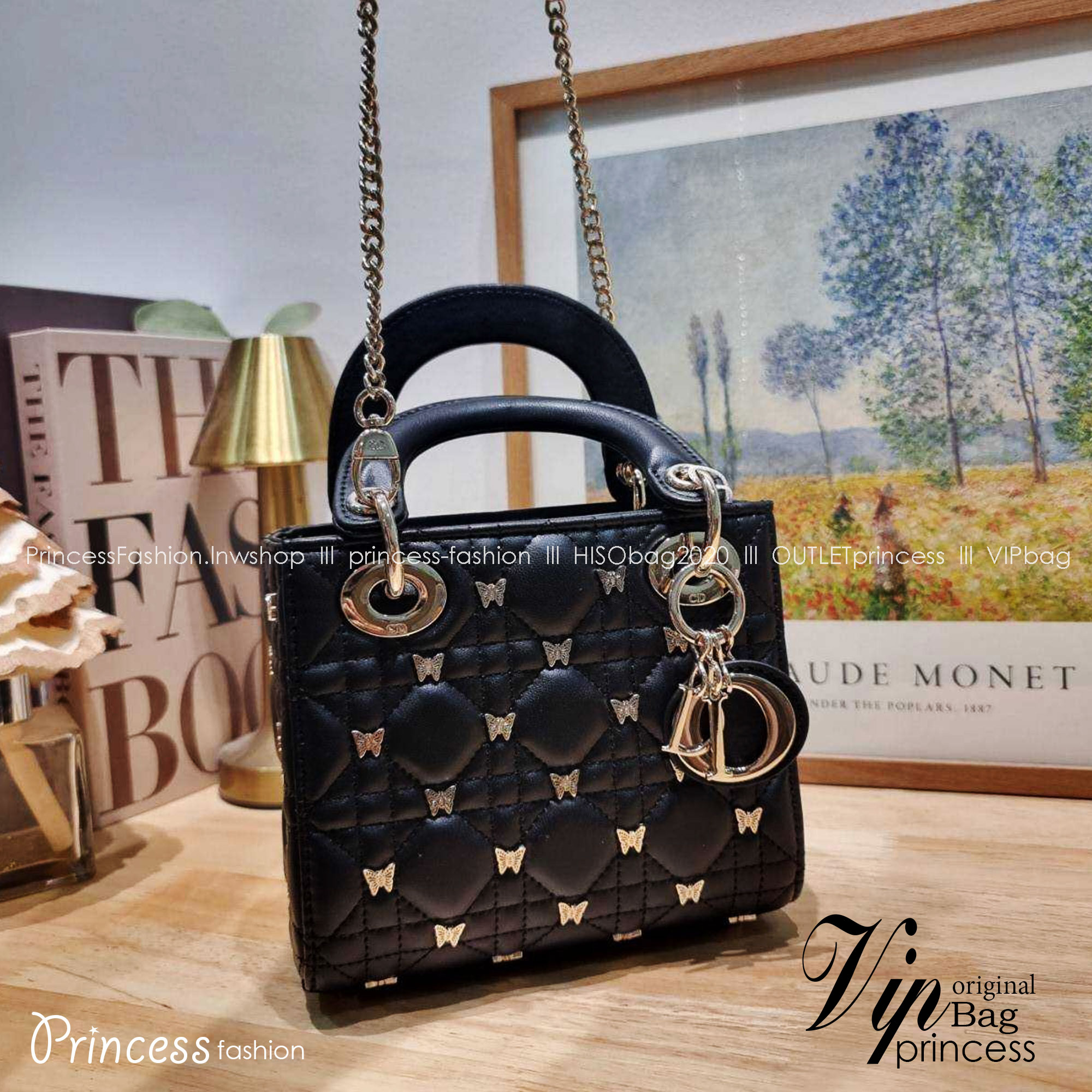 Small Lady Dior Bag Black Cannage / CD SMALL LADY BAG WITH BUTTERFLY กระเป๋าสะพายตกแต่งรูปผีเสื้อคละรอบใบ สวยหรูดูแพงทรงกล่องคลาสสิค