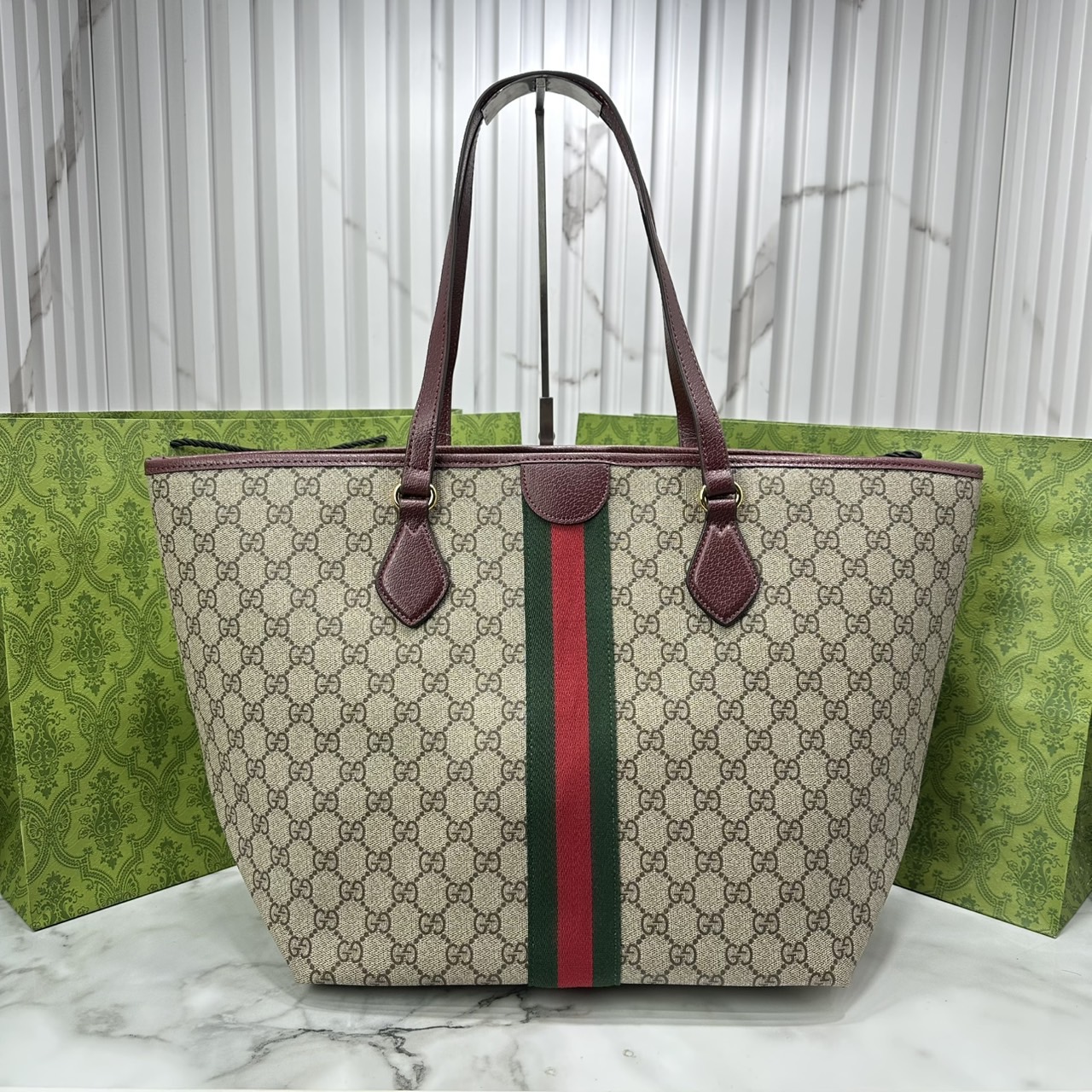 ORI หนังแท้ | Gucci Ophidia medium tote bag GG Monogram Double G / Gucci Tote Bag กระเป๋าสะพายทรงโท้ทใบใหญ่ ภายในโล่งกว้างจุของได้เยอะ