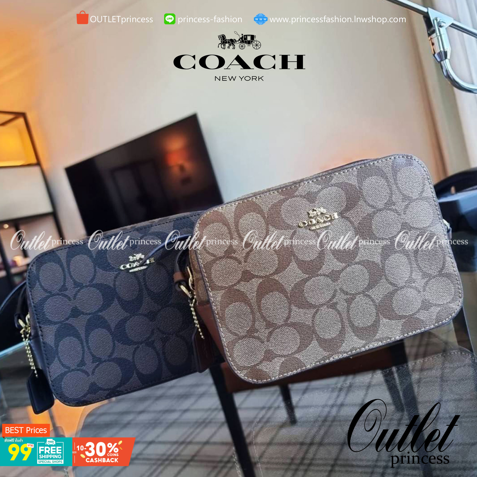 COACH 91677 MINI CAMERA BAG IN SIGNATURE CANVAS ขายดีที่สุด!! กระเป๋าสะพายข้างไซส์มินิ คลาสสิคอยู่ทรง อะไหล่ทองตัดดูหรู วัสดุหนังแคนวาสเคลือบลาย เปิด-ปิดด้วยซิป สายสะพายปรับได้ตามตัว ใบนี้แมทช์ได้ทุกลุค ใช้เป็น everyday bag ได้สบายๆเลยจ้า