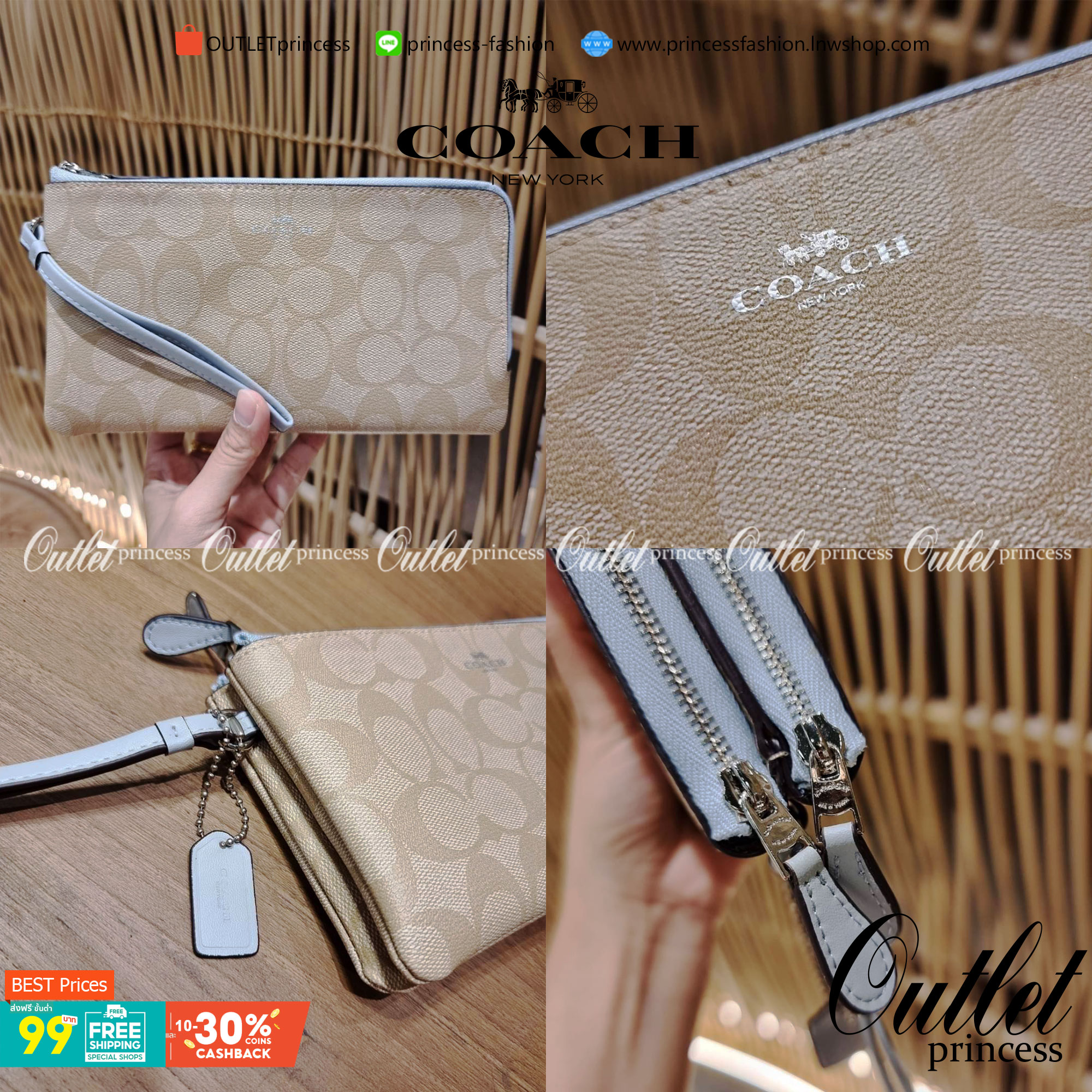 COACH F54057 DOUBLE ZIP WALLET IN SIGNATURE กระเป๋าคล้องมือ size L ใบนี้ใส่มือถือได้ทุกรุ่น ขนาดกำลังดี พกพาสะดวกมากๆ วัสดุหนังสังเคราะห์ ภายในเป็นผ้าสีสวยคม ใส่ธนบัตร ใส่บัตรได้เยอะ ใส่มือถือได้สบายๆทุกรุ่น ตอบโจทย์สาวๆที่ไม่ชอบพกเยอะวุ่นวายจ้า ใบนี้เอาอ