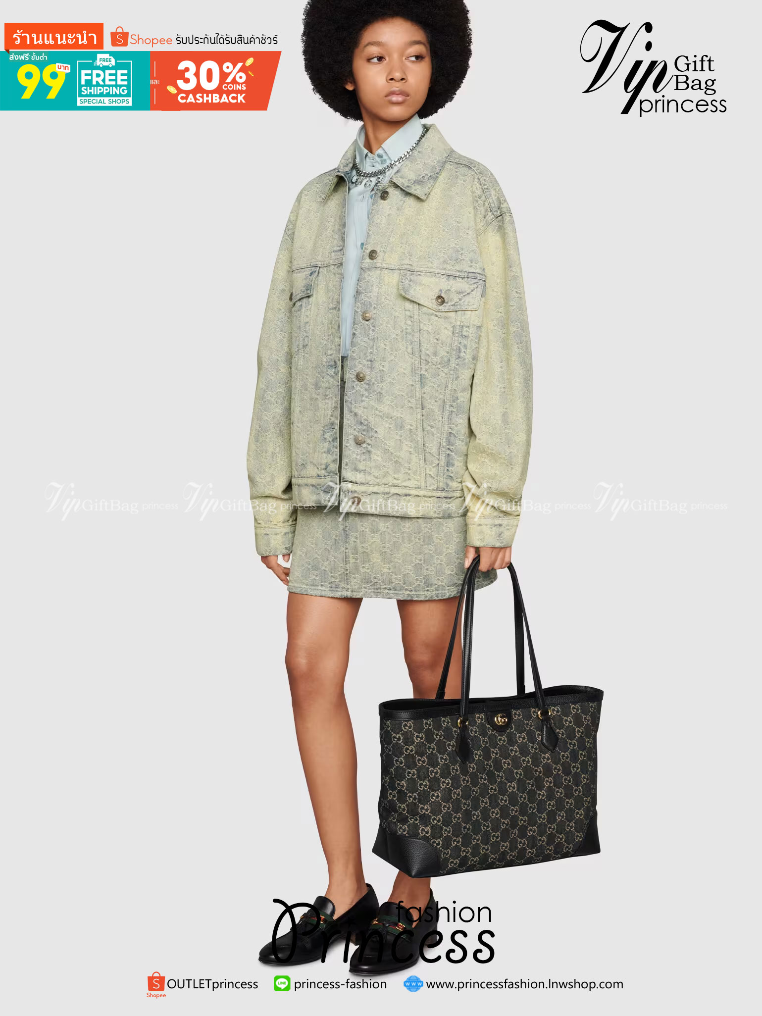 GUCCI Ophidia medium tote with Web / GUCCI Shopping Bag เกรดออริจินอล กระเป๋าสะพายทางโท้ทใบใหญ่ ดีไซส์ร่วมสมัยลวดลาย GG โมโนแกรมที่นำเสนอพร้อมความรู้สึกร่วมสมัยผ่านการใช้ผ้าเดนิมสีดำและสีขาวงาช้าง ภาพถ่ายจากงานขายจริง ใช้งานต่างประเทศได้