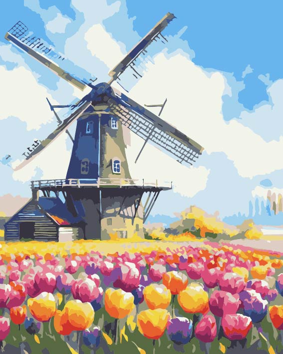 RCG008 ภาพระบายสีตามตัวเลข "กังหันลมกลางทุ่งดอกไม้"