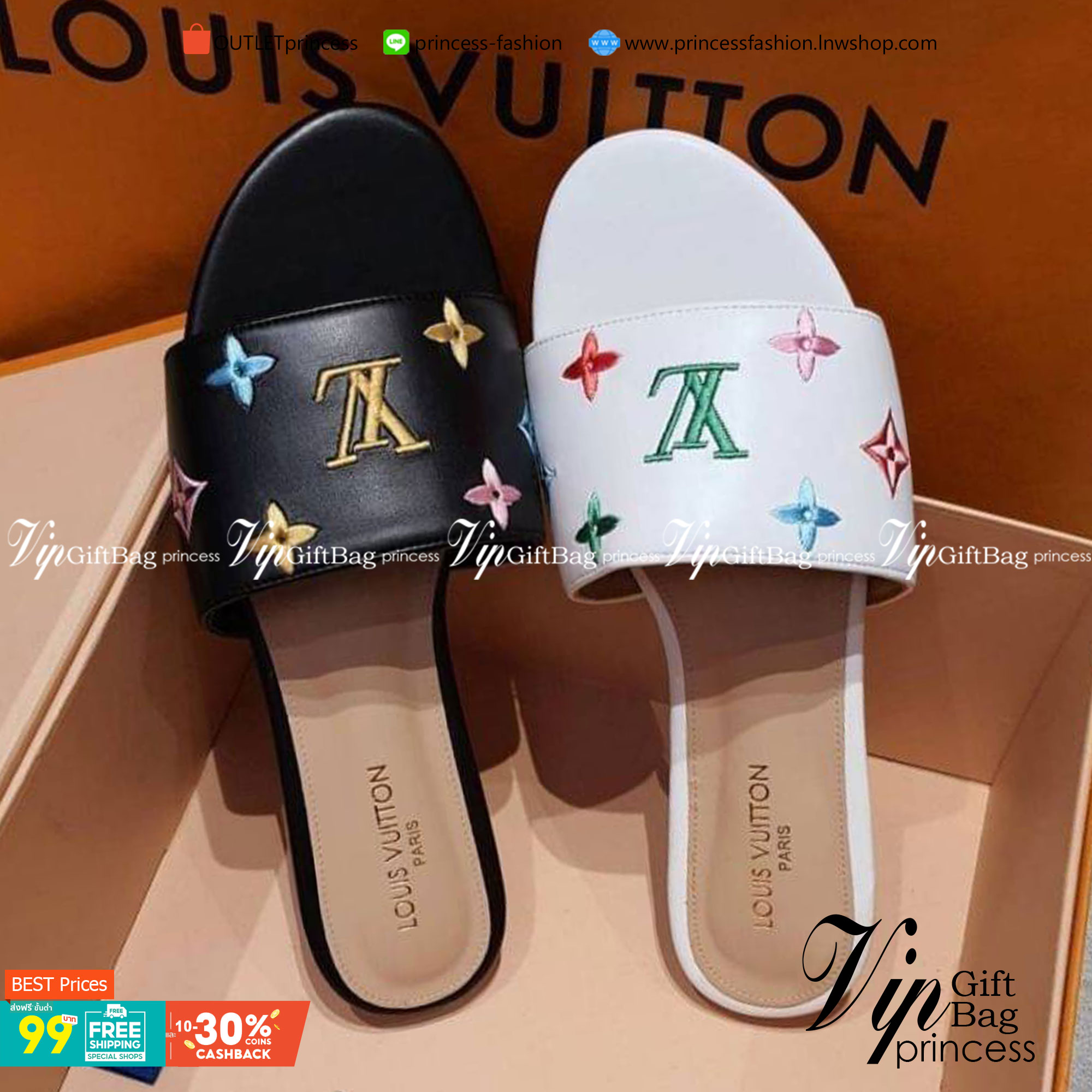 Louis vuitton sandels แตะหนัง PU ปัก ลายโลโก้ LV สวย ตามภาพ งานเรียบร้อย ใส่สบาย เรียบ หรู ดูแพงเกินราคาขาย