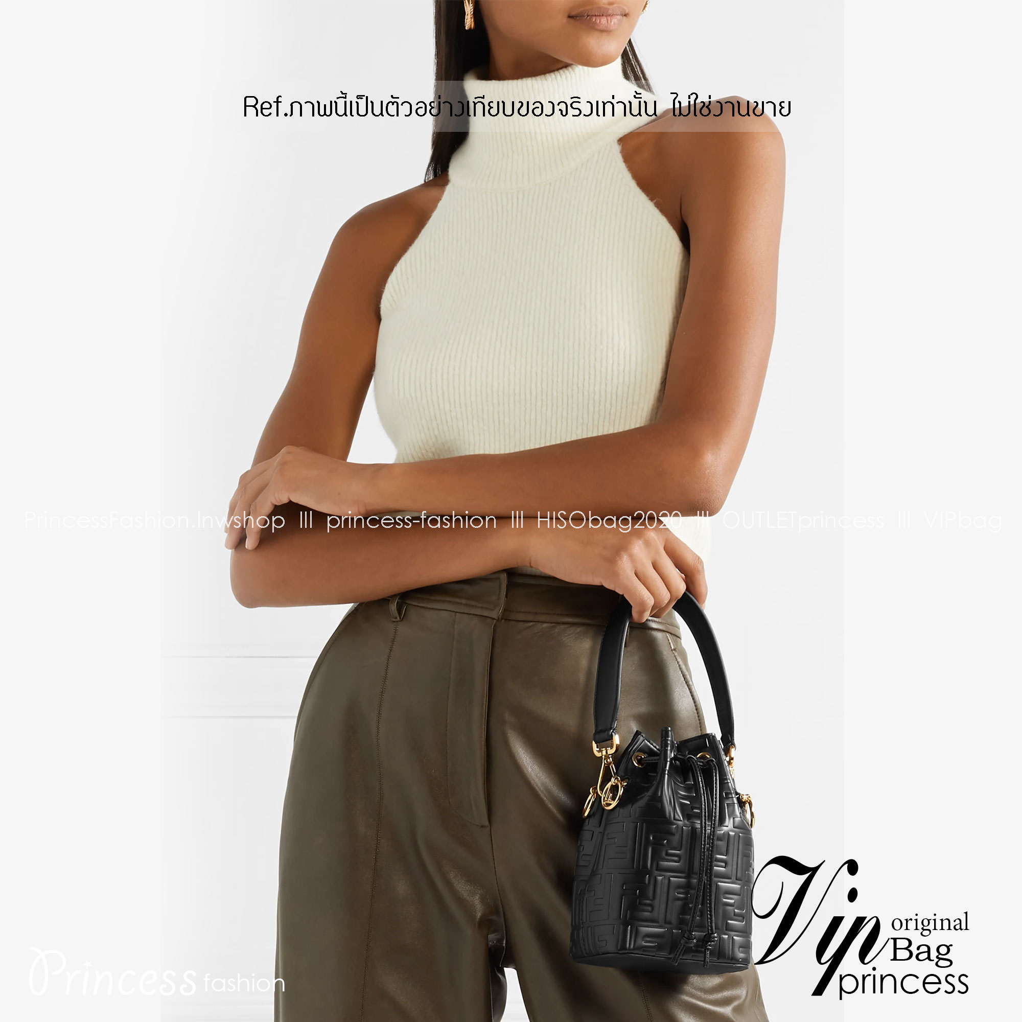 พร้อมส่ง 3 สี FENDI Mon Tresor Black leather mini-bag / FENDI Bucket Bag กระเป๋าสะพายทรงบัคเก็ตงานหนังเต็มใบ ไซส์มินิ เกรดออริ สลับแท้ 1:1