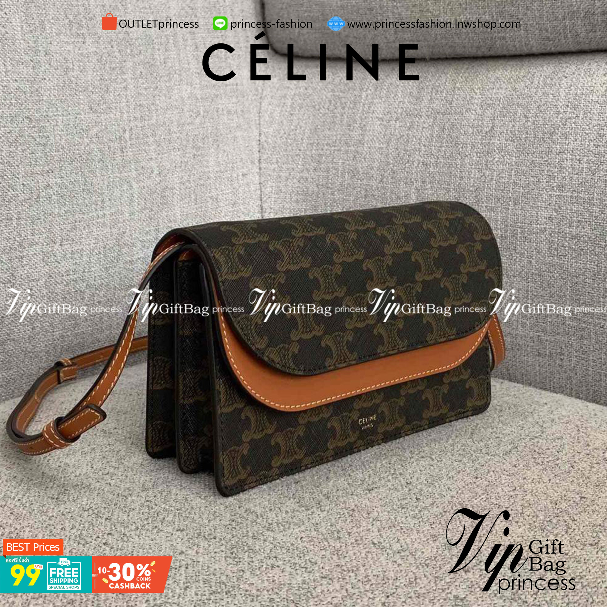 VIP 】หนังแท้ CELINE TRIOMPHE CLUTCH VIP GIFT CELINE IN TRIOMPHE CANVAS AND SMOOTH LAMBSKIN WALLET ON STRAP BAG กระเป๋าทรงสี่เหลี่ยมผืนผ้าหนังสวยหรูอยู่ทรงเปิดปิดด้วยฝาปิดกระดุม2ชั้น ภายในมีช่องแบ่งหลายช่องเป็นสัดส่วน สามารถใส่มือถือของใช้จุกจิกได้เยอะ มาพ