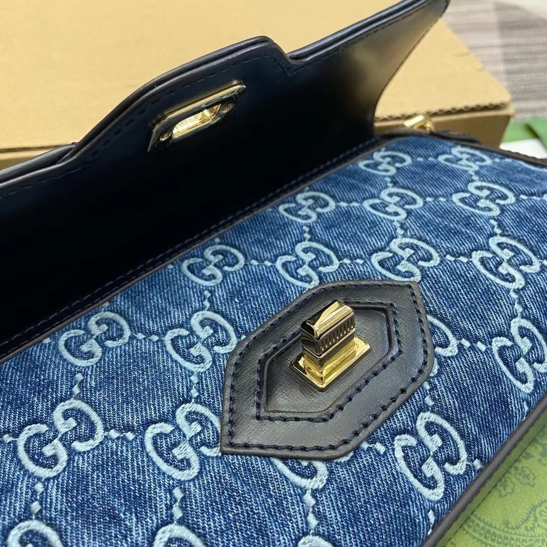 GUCCI LUCE SMALL SHOULDER BAG Blue GG denim leather trim กระเป๋าสะพายไหล่เดนิม เกรดออริ ท็อป สลับแท้ 1:1 เกรดดีสุด ใช้งานต่างประเทศได้