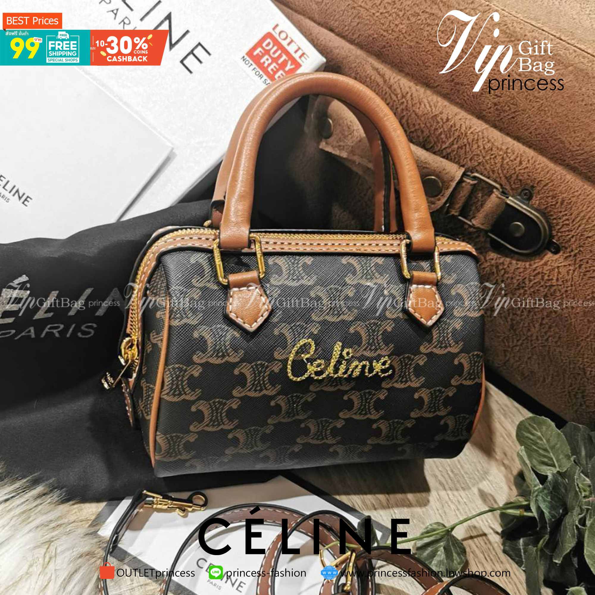 CELINE MINI CROSSBODY BAG VIP GIFT WITH PURCHASE (GWP) พรีเมี่ยมกิ๊ฟ Limited จาก CELINE HAUTE PARFUME DUTYFREE COUNTER วัสดุ Triomphe Canvas หนังสวยอยู่ทรงกันน้ำ ดีไซน์ยอดนิยมทรง Speedy เปิดปิดด้วยซิปแบรนด์อะไหล่ทอง ใส่กระเป๋าสตางค์ มือถือ ของจุกจิกได้เยอ