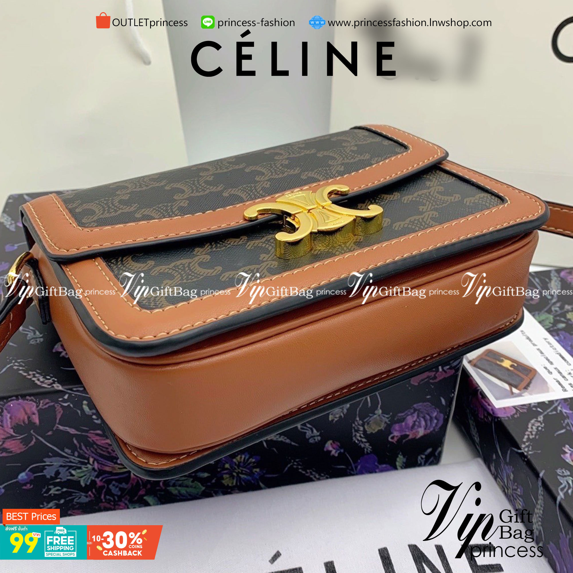 VIP 】𝗖𝗘𝗟𝗜𝗡𝗘 CROSSBODY VIP GIFT MEDIUM/TEEN TRIOMPHE BAG IN TRIOMPHE CANVAS AND CALFSKIN มี 2 ขนาด งานสวยอยู่ทรงเปิดปิดด้วยตัวล้อคด้านหน้า ภายในมีช่องใส่ของหลัก พร้อมช่องซิป ใส่กระเป๋าสตางค์กลาง + มือถือได้ ท