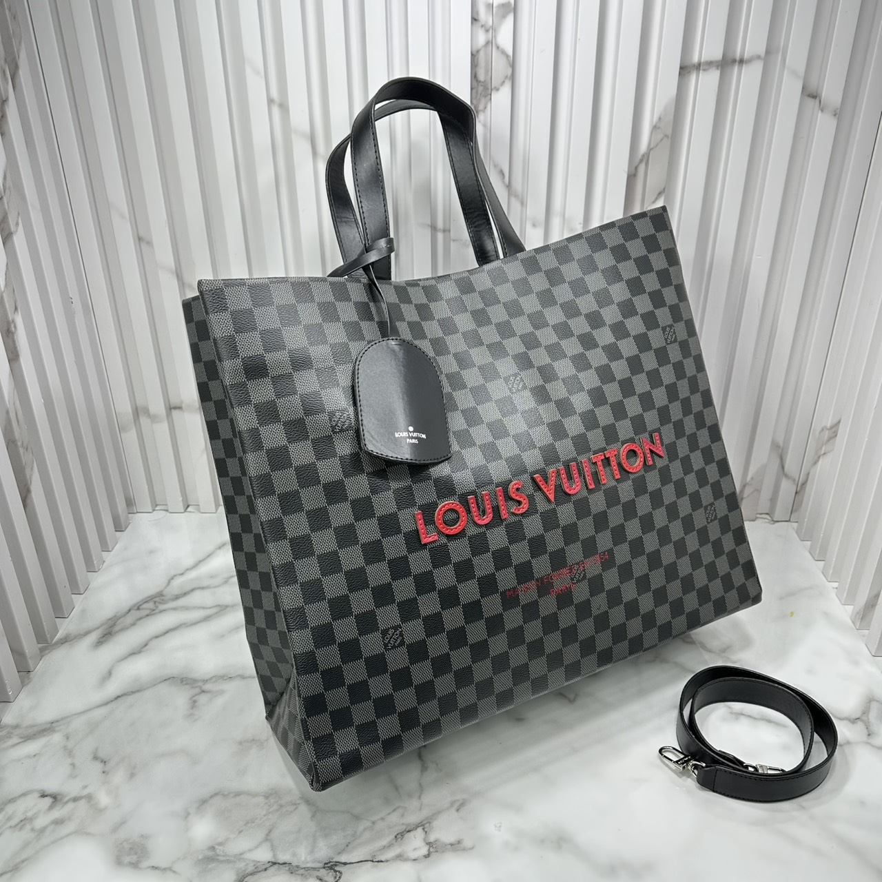 ORI หนังแท้ | LV Shopper Tote MM bag / Damier Black กระเป๋าทรงโท้ทใบใหญ่ แต่งลายตัวอักษรแบบลายมือเต็มใบ