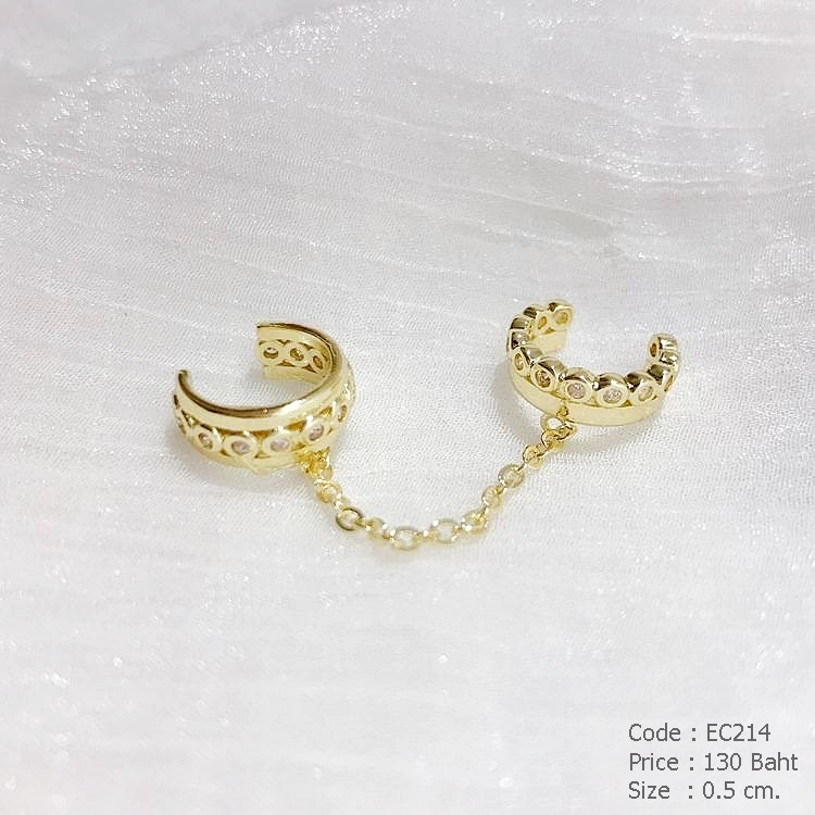 ต่างหูหนีบคู่ 2 ชิ้น สีทองฝังเพชร ห้อยโซ่