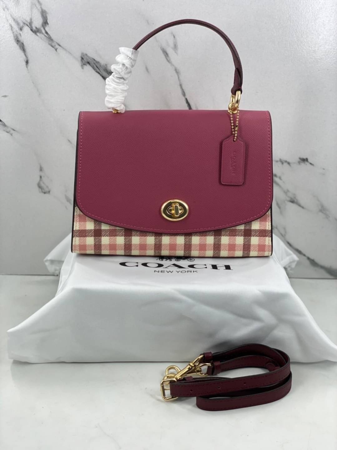 COACH TILLY TOP HANDLE SATCHEL WITH GINGHAM PRINT (COACH F76615) BROWN PINK MULTI/GOLD