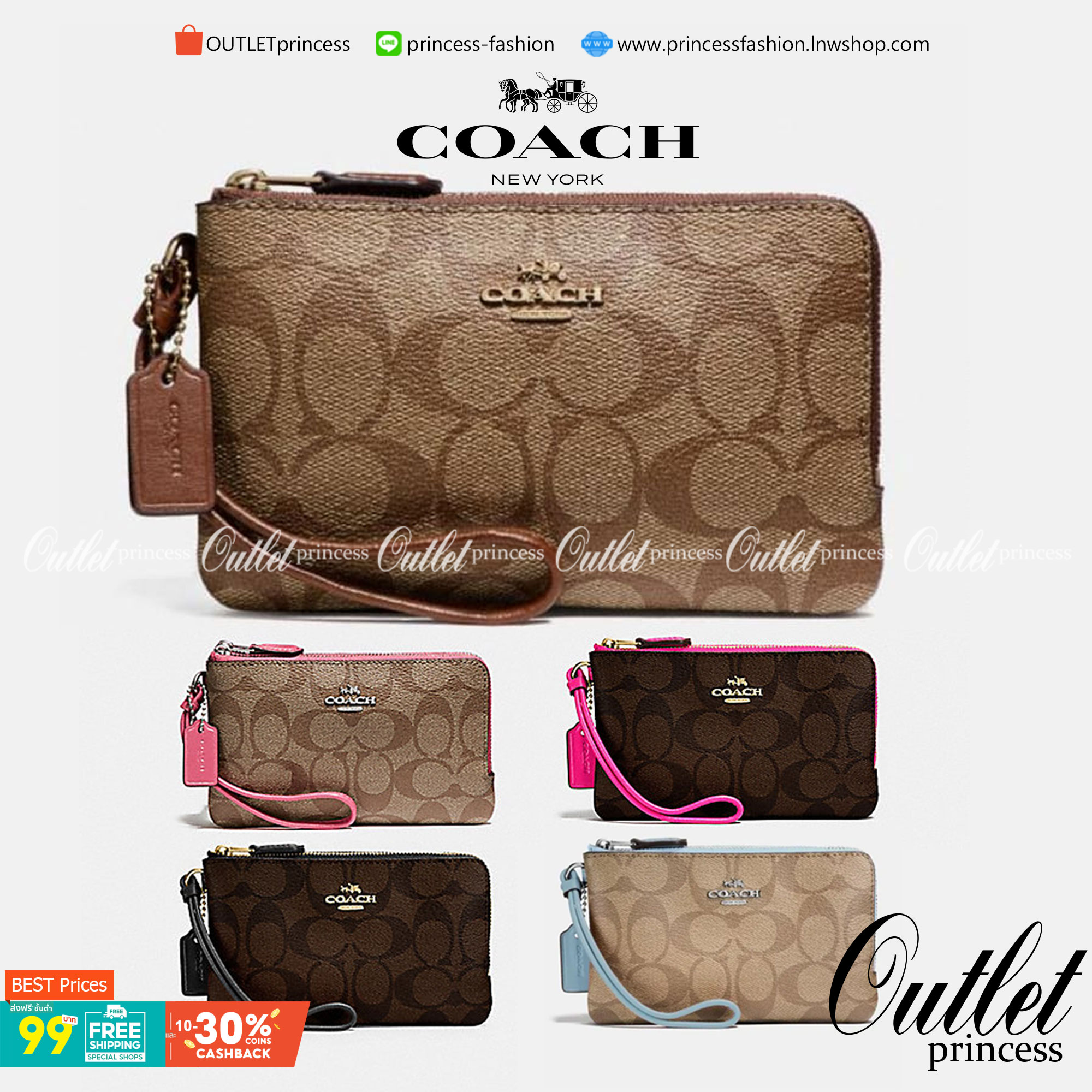 COACH F87591 DOUBLE CORNER ZIP WALLET IN SIGNATURE COATED CANVAS คล้องมือรุ่น 2 ซิป!! มาแล้วจ้า 🌟🤗 ไซส์นี้คือเหมาะมือจริงๆ พกง่ายเช่นเคย ไม่ต้องกังวลว่าจะเกะกะหรือกินพื้นที่กระเป๋าหลัก วัสดุหนังแคนวาสเคลือบลาย มีช่องหลักแยก 2 ช่อง ภายในบุผ