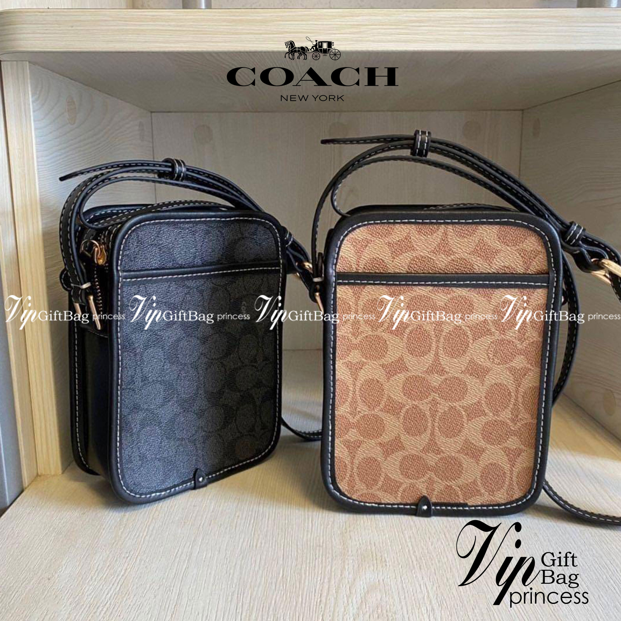 Coach Zip Camera Bag In Signature Canvas CA182 พร้มส่งที่ไทย Camera Bag Men’s retro classic Aging men’s cross-body Bag, mobile Bag Camera Bag