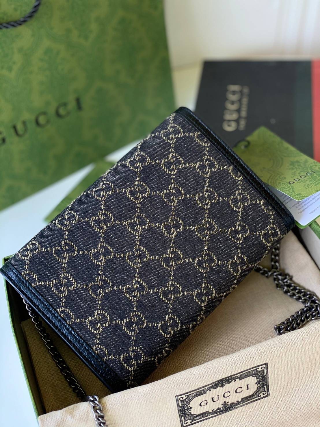 หนังแท้ GUCCI Dionysus mini chain bag / GG Dionysus Wallet Black and ivory GG denim jacquard พร้อมส่งที่ไทย งานหนังแท้และผ้าแจ็คการ์ดออร์แกนิกอย่างดี พร้อมส่งที่ไทย ภาพสินค้าถ่ายจากงานขายจริง ใช้งานต่างประเทศได้