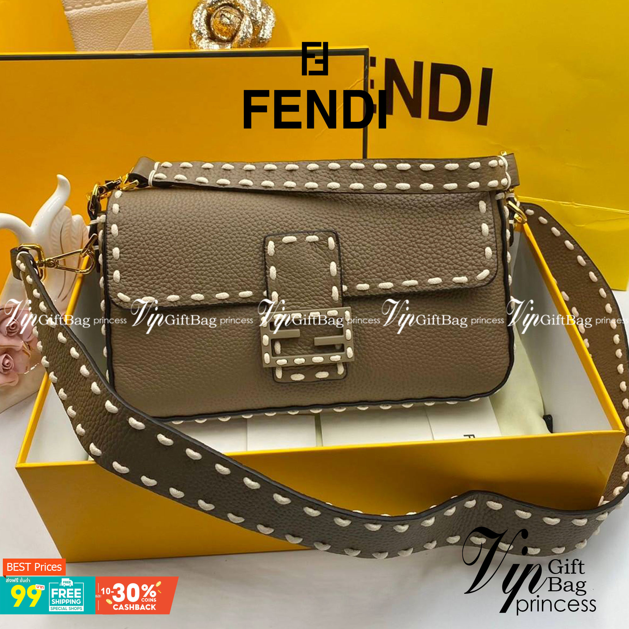หนังแท้ Fendi Baguette full grain leather bag