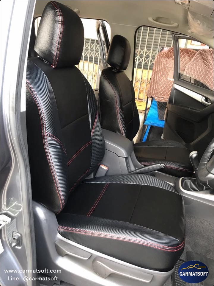 ชุดหุ้มเบาะรถยนต์ D-MAX 4ประตู 2012-18 หนังPVC เกรดA เข้ารูป สีดำด้ายแดง/เคฟล่า
