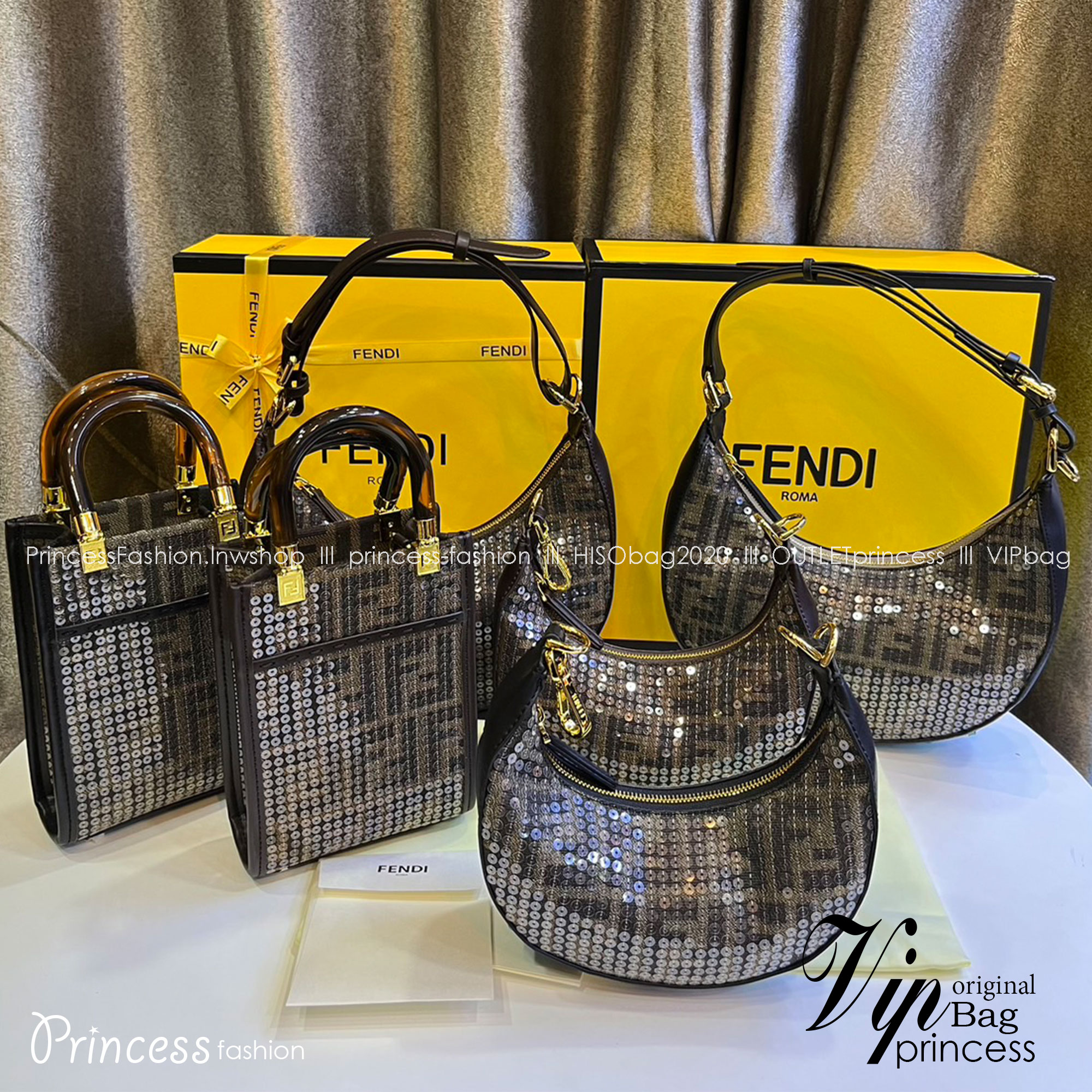 FENDI Mini Sunshine Shopper jacquard FF motif with shiny transparent sequins / Fendi Tote bag พร้อมส่ง กระเป๋าสะพายทรงมินิโท้ท ปักเลื่อมแวววาว รุ่นใหม่ สวยหรู **สินค้าเกรดออริจินอล 1:1 สลับแท้