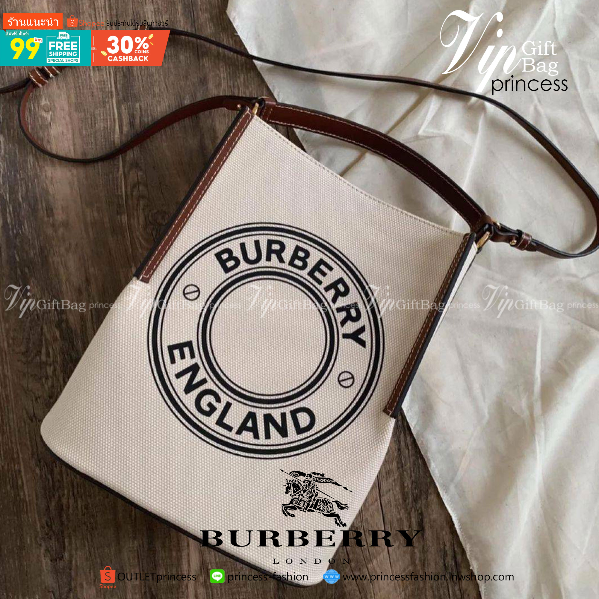 BURBERRY FRAGRANCES CROSSBODY BUCKET BAG วัสดุ Canvas & Leather สวยหรูอยู่ทรงมาพร้อมกระเป๋าคลัชใบเล็กสีน้ำตาลเข้าชุด