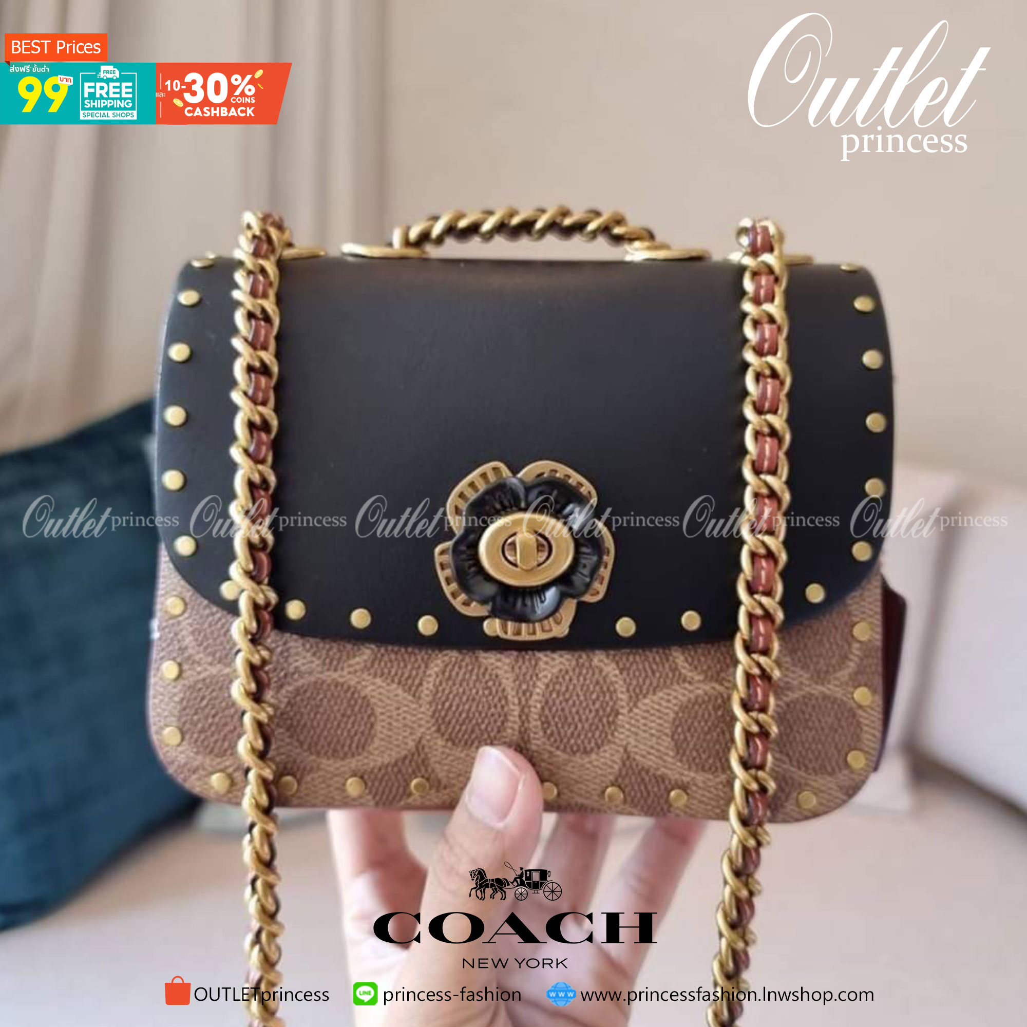 COACH C2462 MADISON SHOULDER BAG 16 IN SIGNATURE CANVAS WITH RIVETS (B4NQ4) กระเป๋าสะพายข้าง ไซส์กะทัดรัด พกพาง่าย น้ำหนักเบา ดีไซน์สวย โดดเด่นด้วยตัวล็อครูปดอกไม้ สีสันตกแต่งตัดกันกับลายซีอย่างลงตัว วัสดุหนังแคนวาสเคลือบลาย ภายในแบ่งสัดส่วนให้อย่างดี มาพ