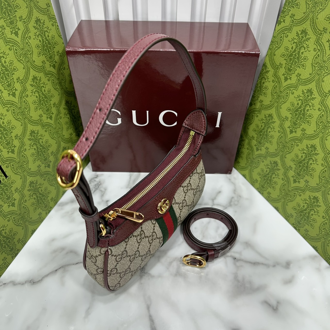 8" ORI หนังแท้ | Gucci Ophidia mini shoulder bag GG Monogram Double G / Gucci Hobo Bag กระเป๋าสะพายทรงโฮโบขนาดมินิ