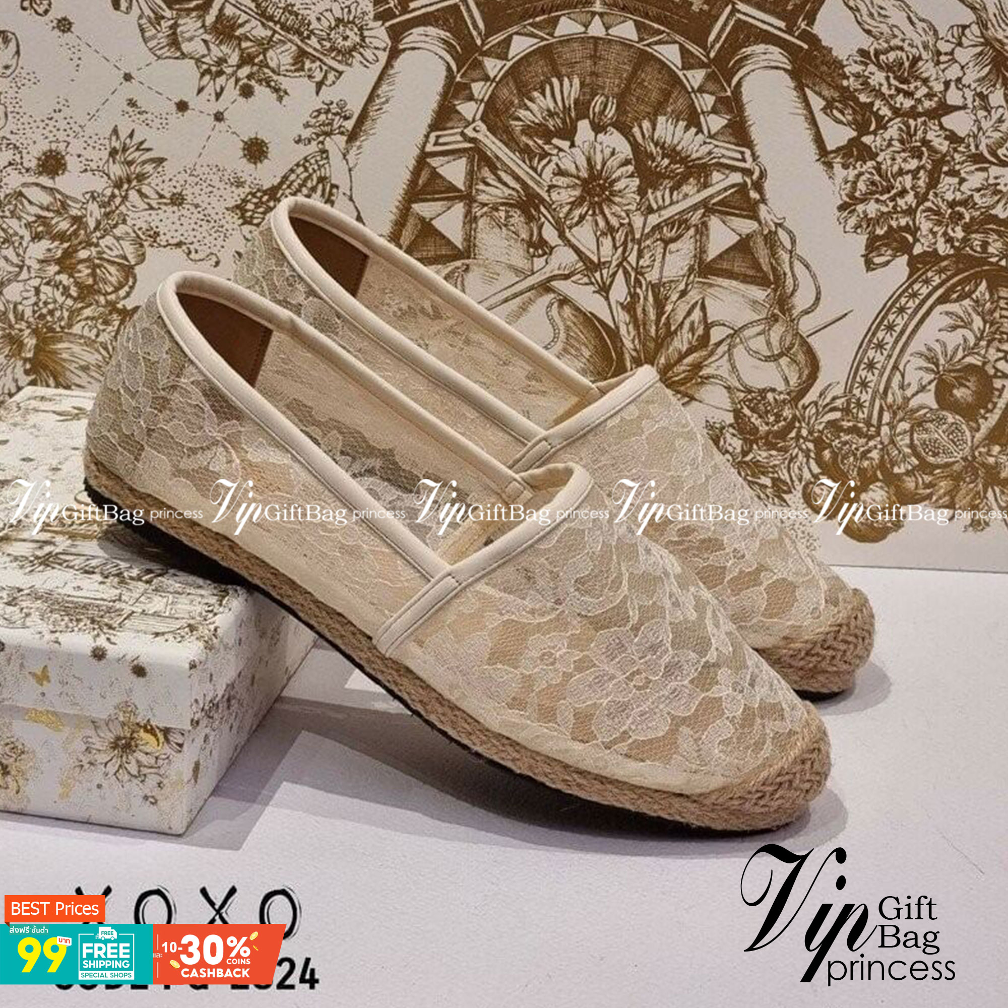 Valentino คัชชู ลูกไม้ ใส่สบาย ไม่อัพ หน้ากว้าง แมทส์ชุดง่าย น้ำหนักเบา ขอบรอบแต่งเชือกปอฟาง สวยเก๋