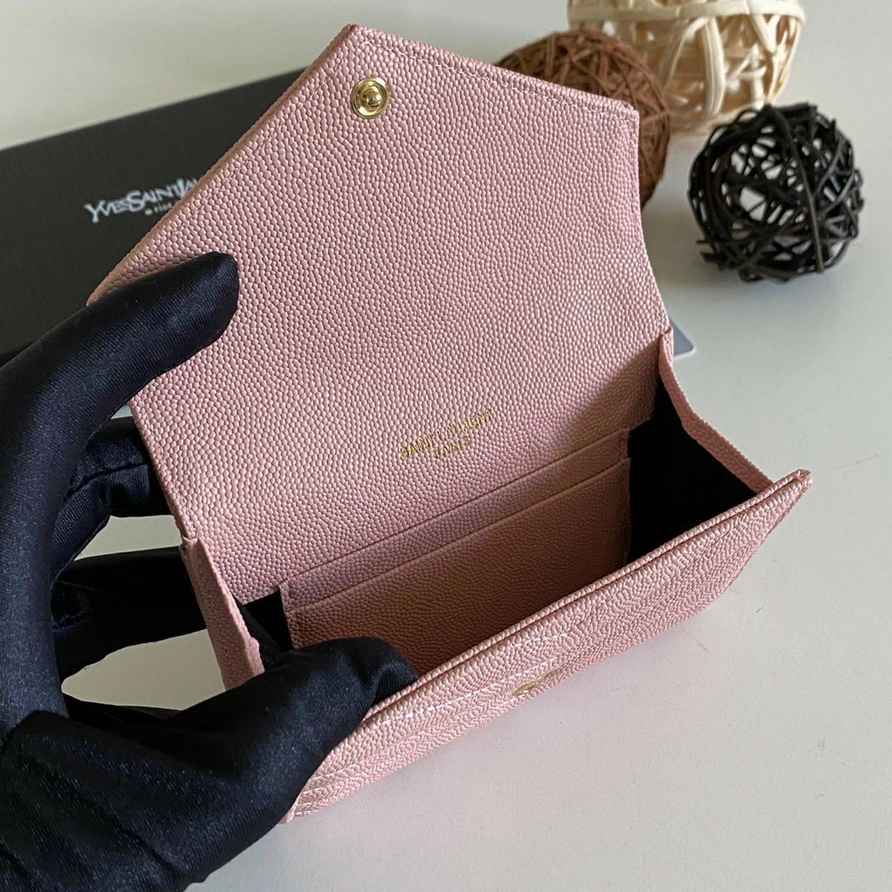 หนังแท้ 12cm YSL SAINT LAURENT GARD HOLDER Small Envelope Monogram Wallet