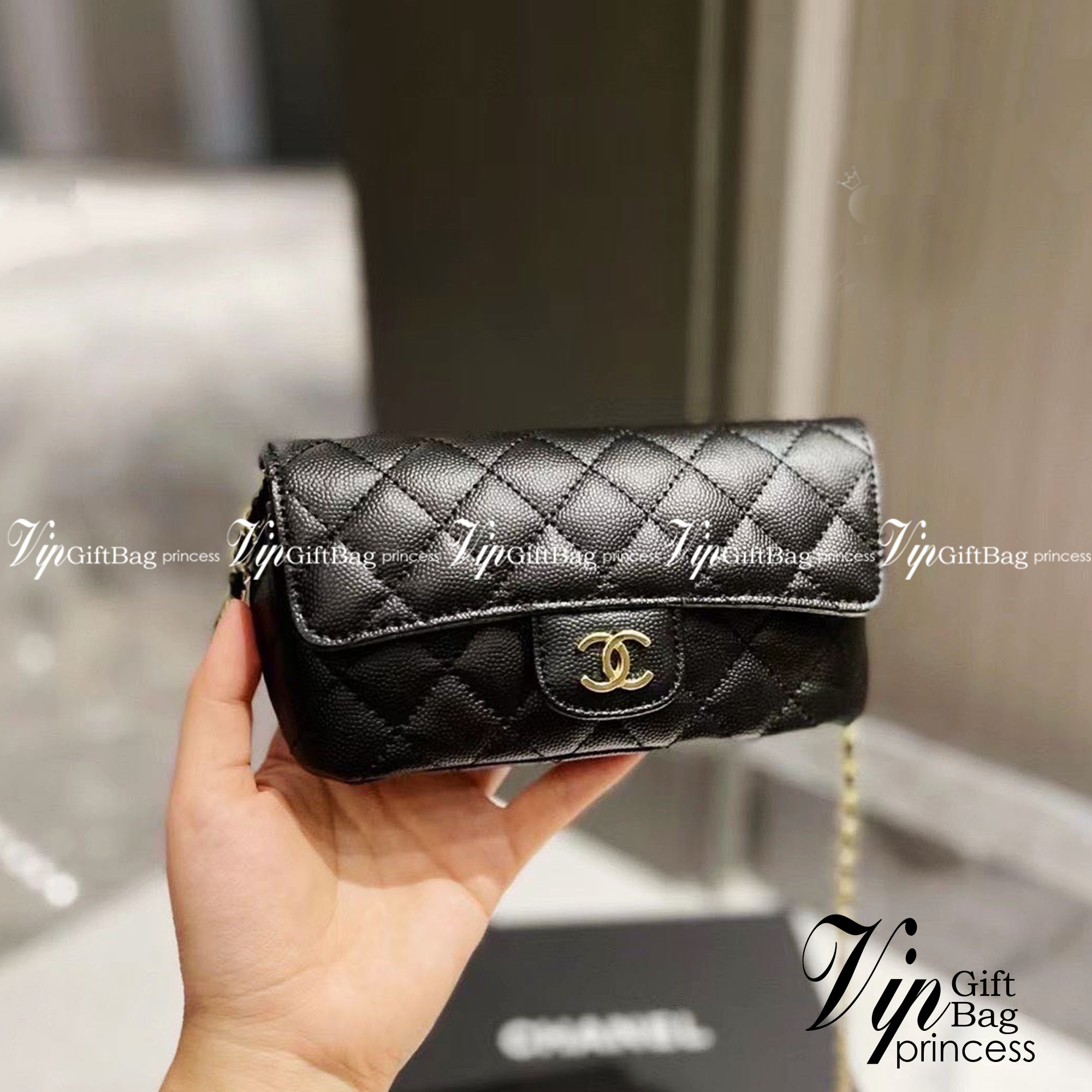 vipCHANEL Glasses Case with Classic Chain กระเป๋าสะพายไซส์มินิสุดคลาสสิค หนังคาเวียร์ เงาสวย มาพร้อมสายโซ่อะไหล่ทอง