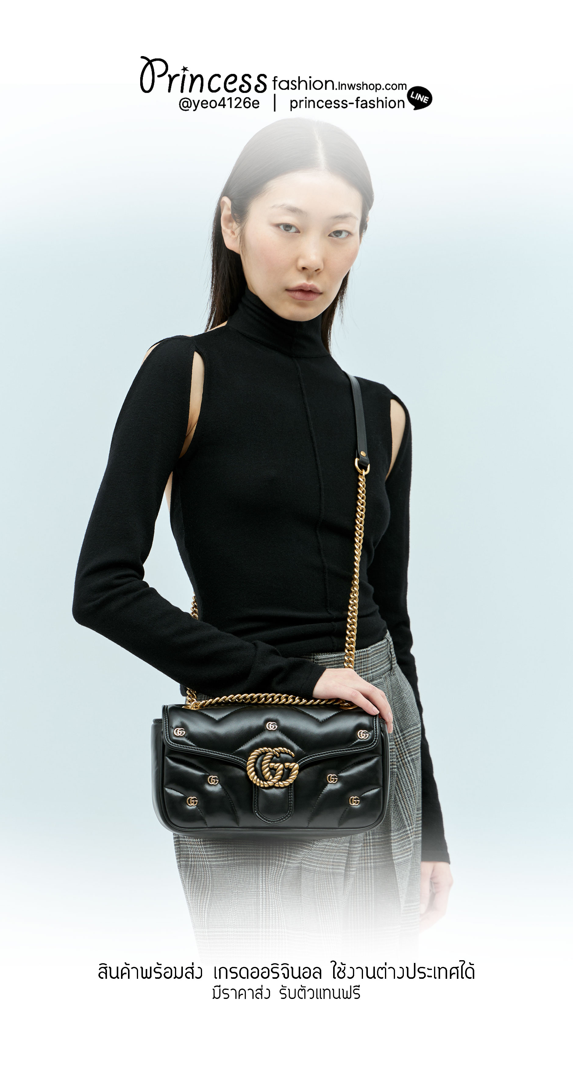 GUCCI GG Marmont Shoulder Bag with monogram-plaque กระเป๋าสะพายรุ่นคลาสสิค ดีไซน์ใหม่ ตกแต่งโลโก้ GG เต็มใบ เพิ่มความลูกคุณลักชูไปอีก สีสวยขับผิว ดูแพง อัพลุคได้สบายๆ