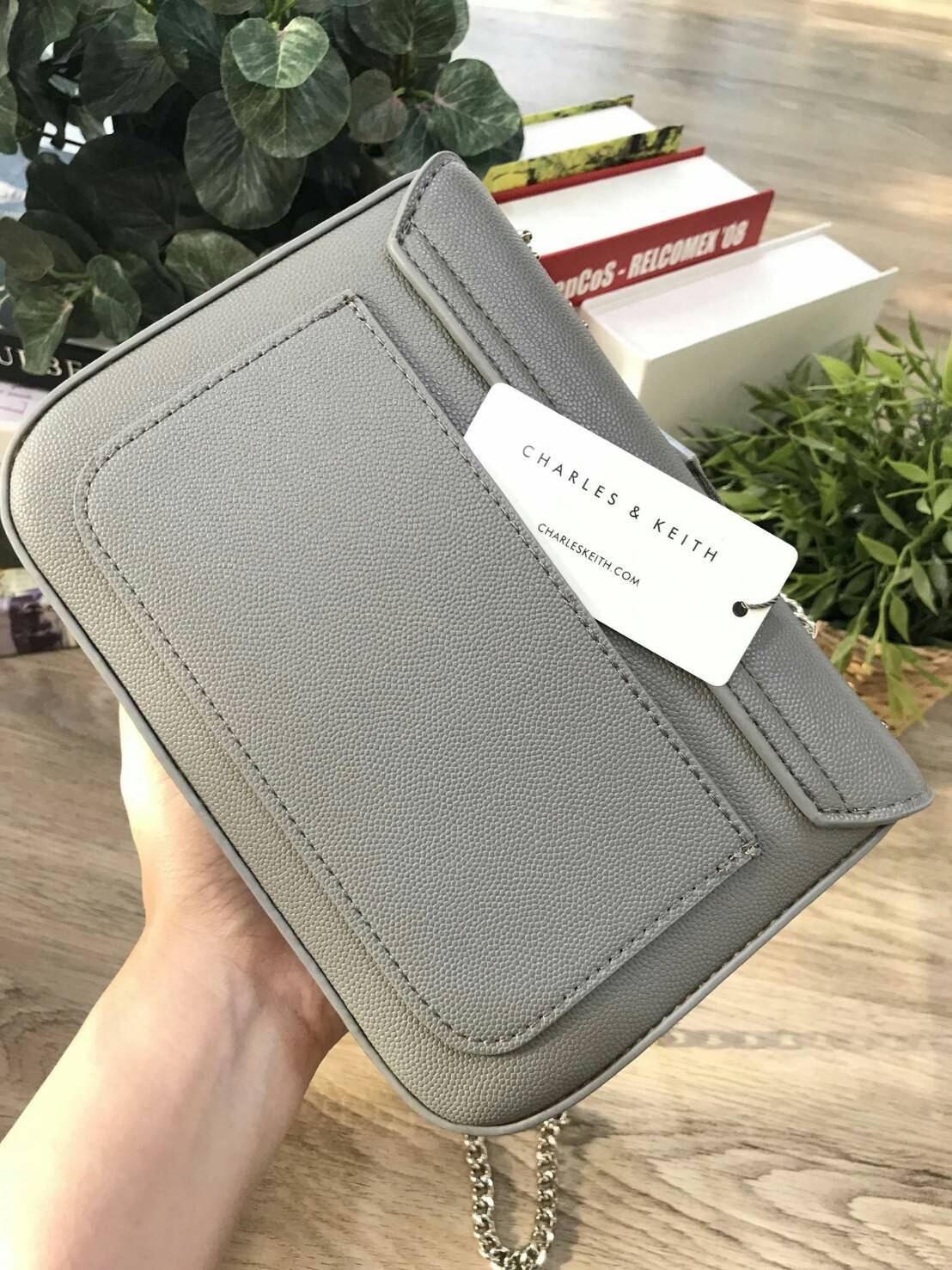 CHARLES & KEITH PUSH-LOCK CHAIN SLING BAG 2018 กระเป๋าสะพายวัสดุหนังคาเวียร์สวยอยู่ทรง ขนาดมินิกำลังดี น้ำหนักเบา เปิดปิดด้วยฝาปิดตัวล็อคปั๊มโลโก้ด้านหน้า ภายใน มีช่องซิป และช่องใส่บัตร มาพร้อมสายสะพายโซ่ยาวสามารถซ้อนสายสั้นสะพายไหล่ หรือสายยาว Crossbodyไ